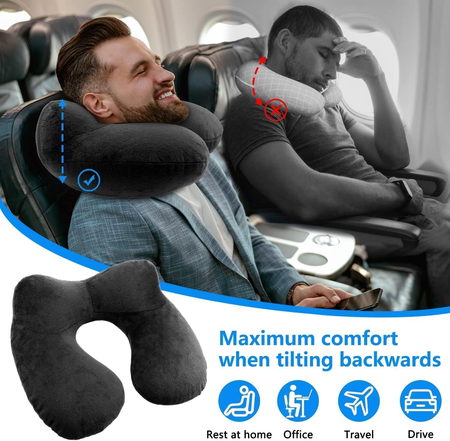 Travel Pillow, Inflatable Travel Pillow, Comfortable & Breathable Cover, Machine Washable, Airplane Travel Kit with 3D Contoured Eye Masks, Earplugs, and Luxury Bag (Black) image number 4