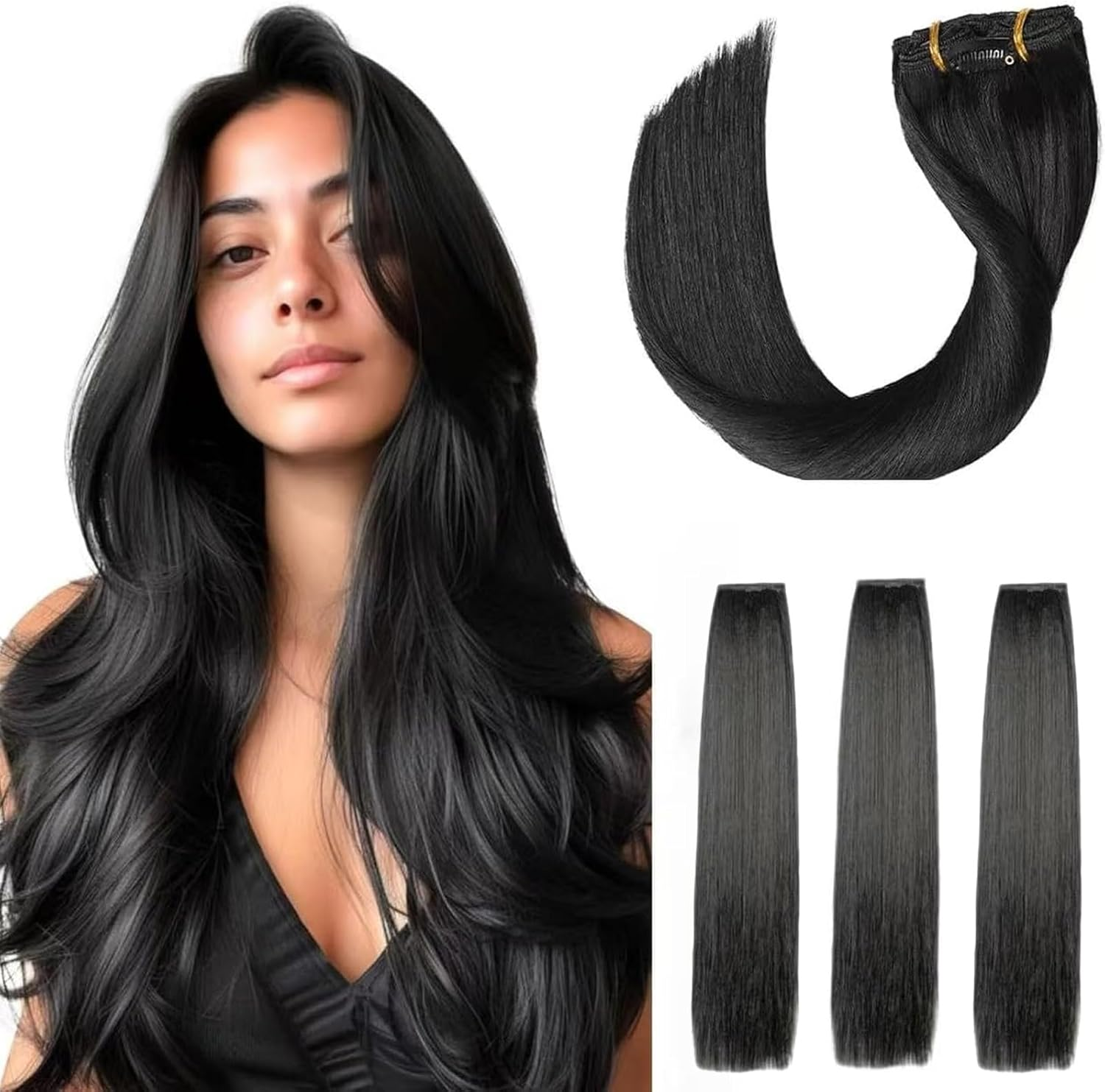 Clip in Hair Extensions & Seamless Invisible Hair Pieces, 60Cm Length 15Cm Width Synthetic Hair Extensions for Women - 4 Pieces, Black image number 4