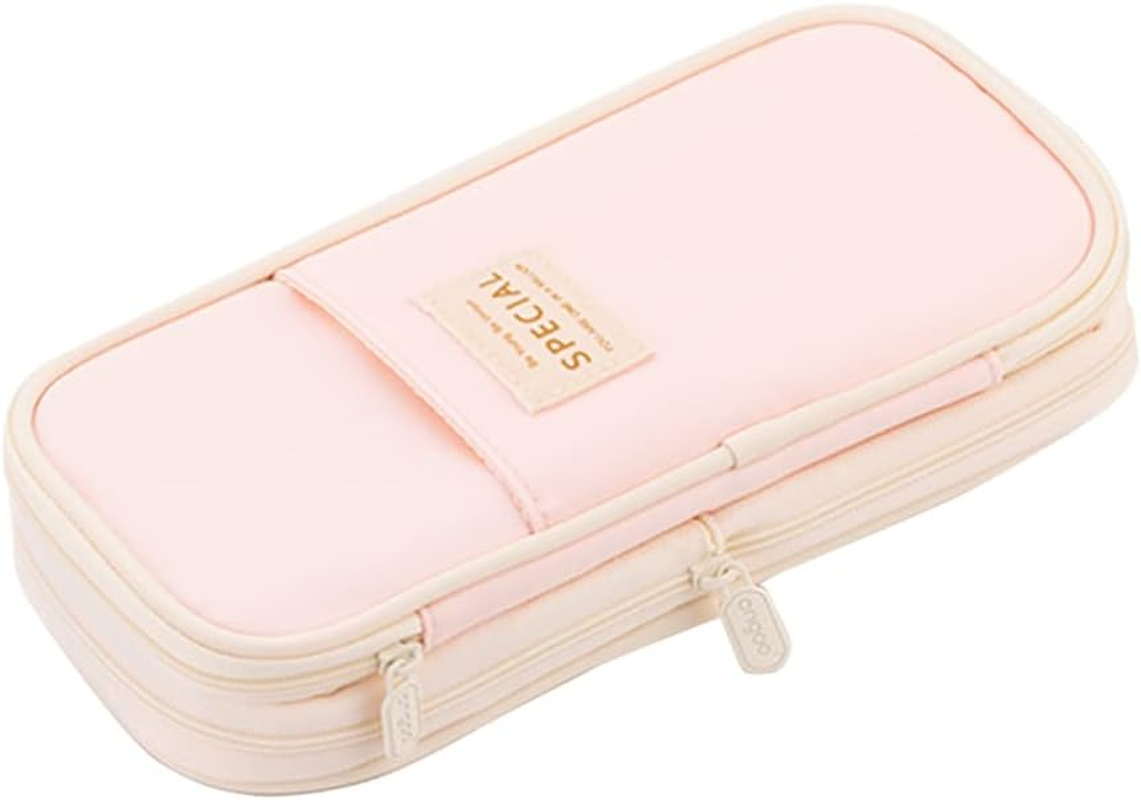 Isuperb Large Pencil Case Pen Holder with Zipper Pink Pencil Bag with Compartment Large Capacity Canvas Stationery Storage Bag Deformable Zipper Pencil Box for School or Office image number 1