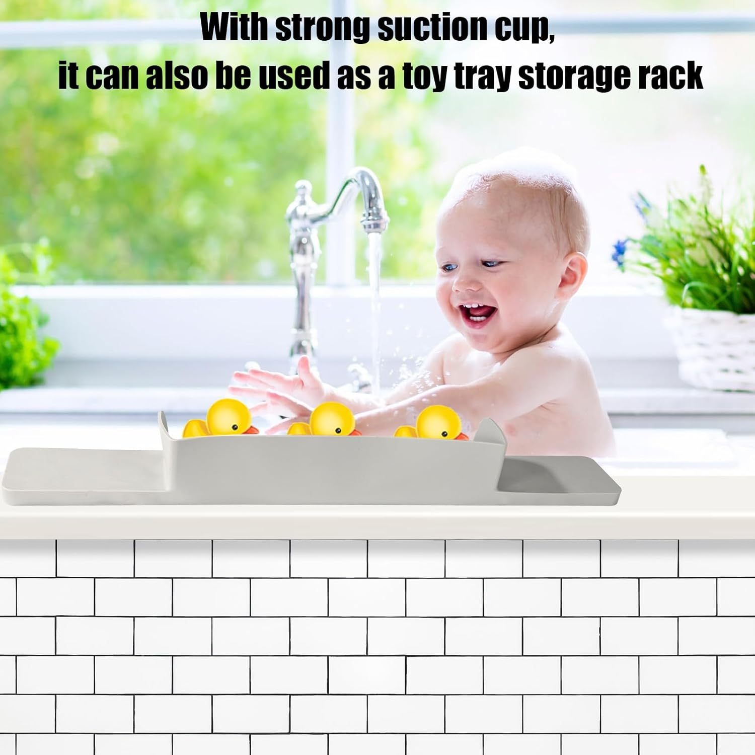 BOXOB Splash Protection Guard for Bathtub, 29.92X3.54X3.35In Silicone Bath Splash Protection Guard with Strong Suction Cup No-Leak Toy Tray Caddy Holder Storage Bathtub Tray(Light Gray) image number 3