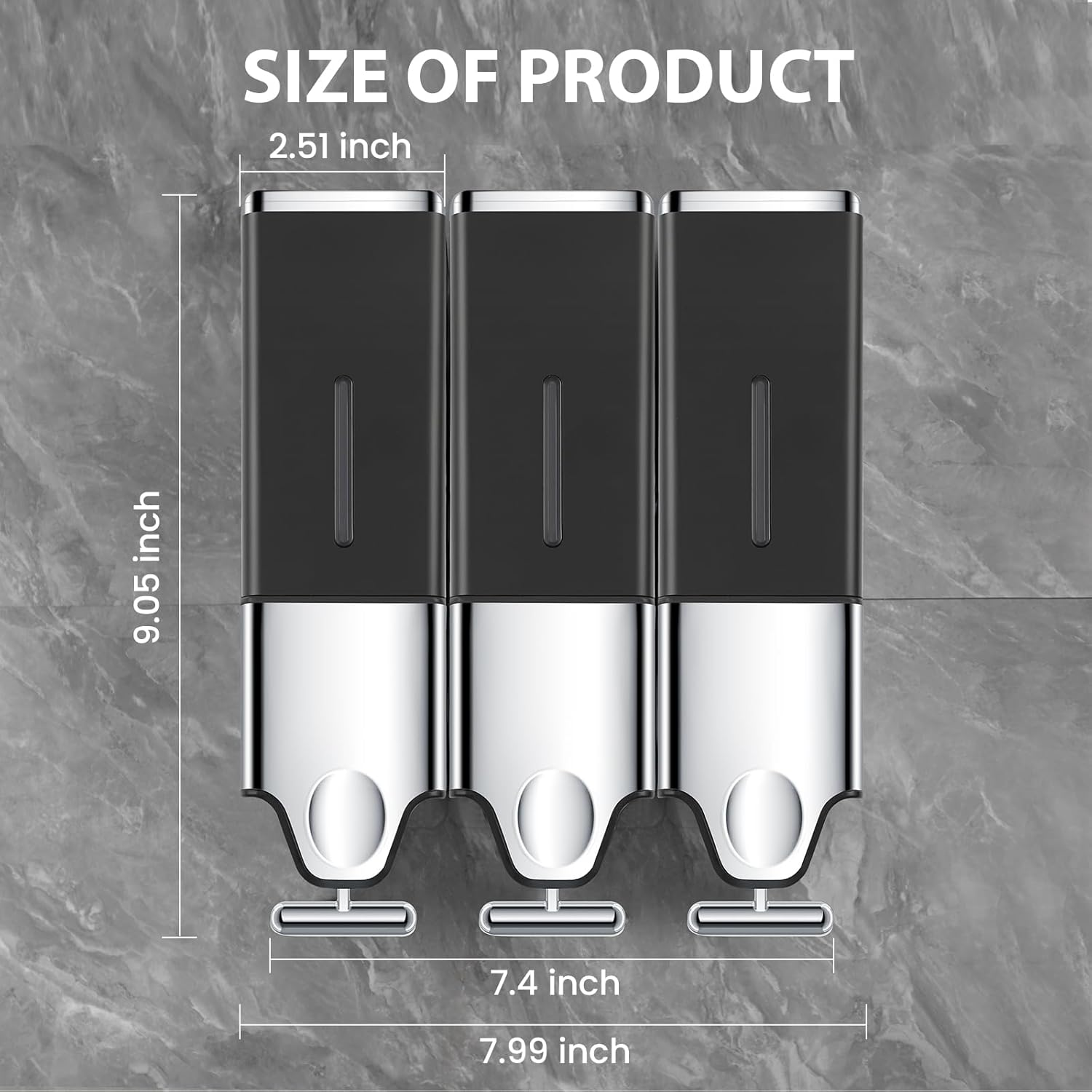 EHORIA 3-In-1 Quadrate Dispensers for the Shower, Shower Soap, Conditioner, Shampoo, No Drilled Wall Mounted, Black - Black Set Of 2 image number 2