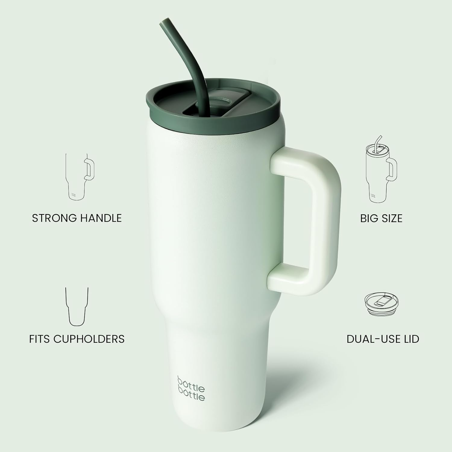 BOTTLE BOTTLE 40Oz Tumbler with Straw and Lid Insulated Travel Mug 1180Ml Stainless Steel Car Coffee Cup with Handle for Gifts Party Office (Green) image number 5