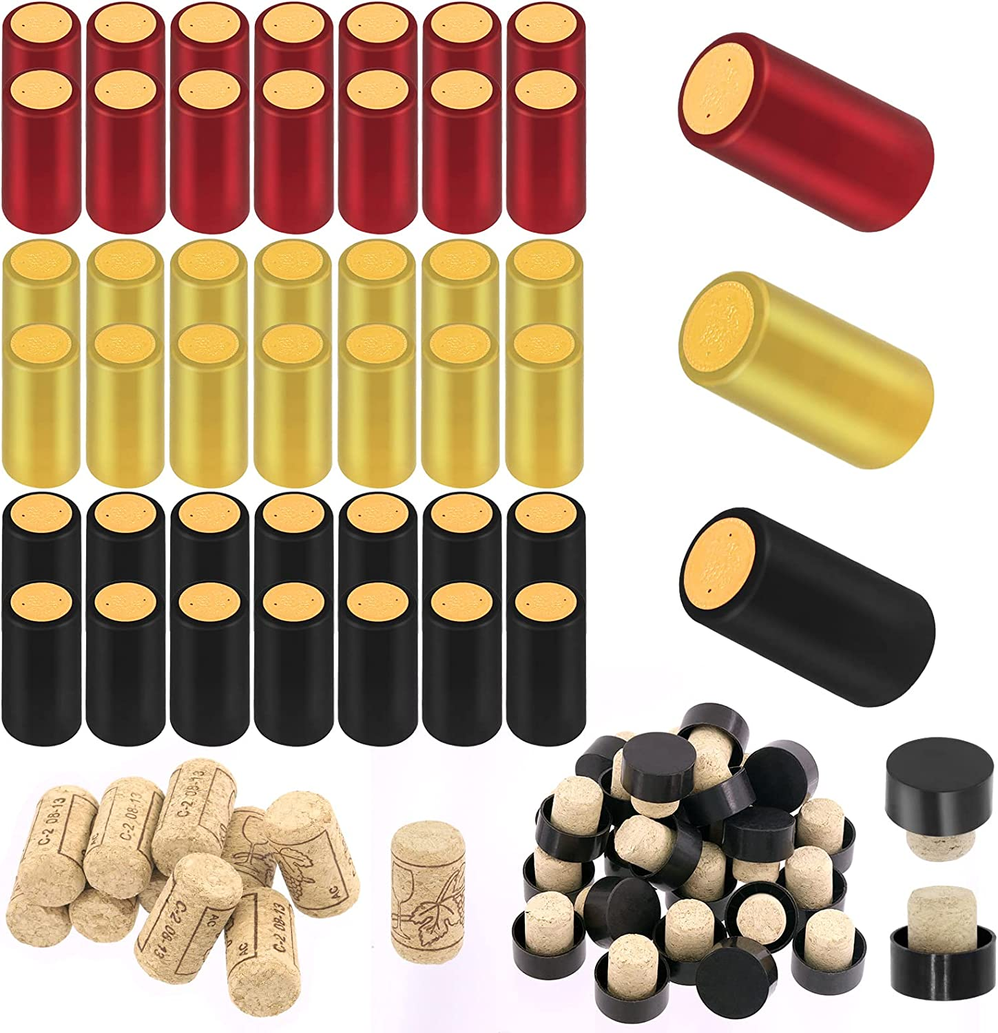 Swpeet 100Pcs 3 Colors Gold Black Red PVC Heat Shrink Capsules and Wine Bottle Cork Stopper with Black Plastic Top Assortment Kit, Wine Shrink Wrap Wine Bottle Corks for Wine Bottles image number 5