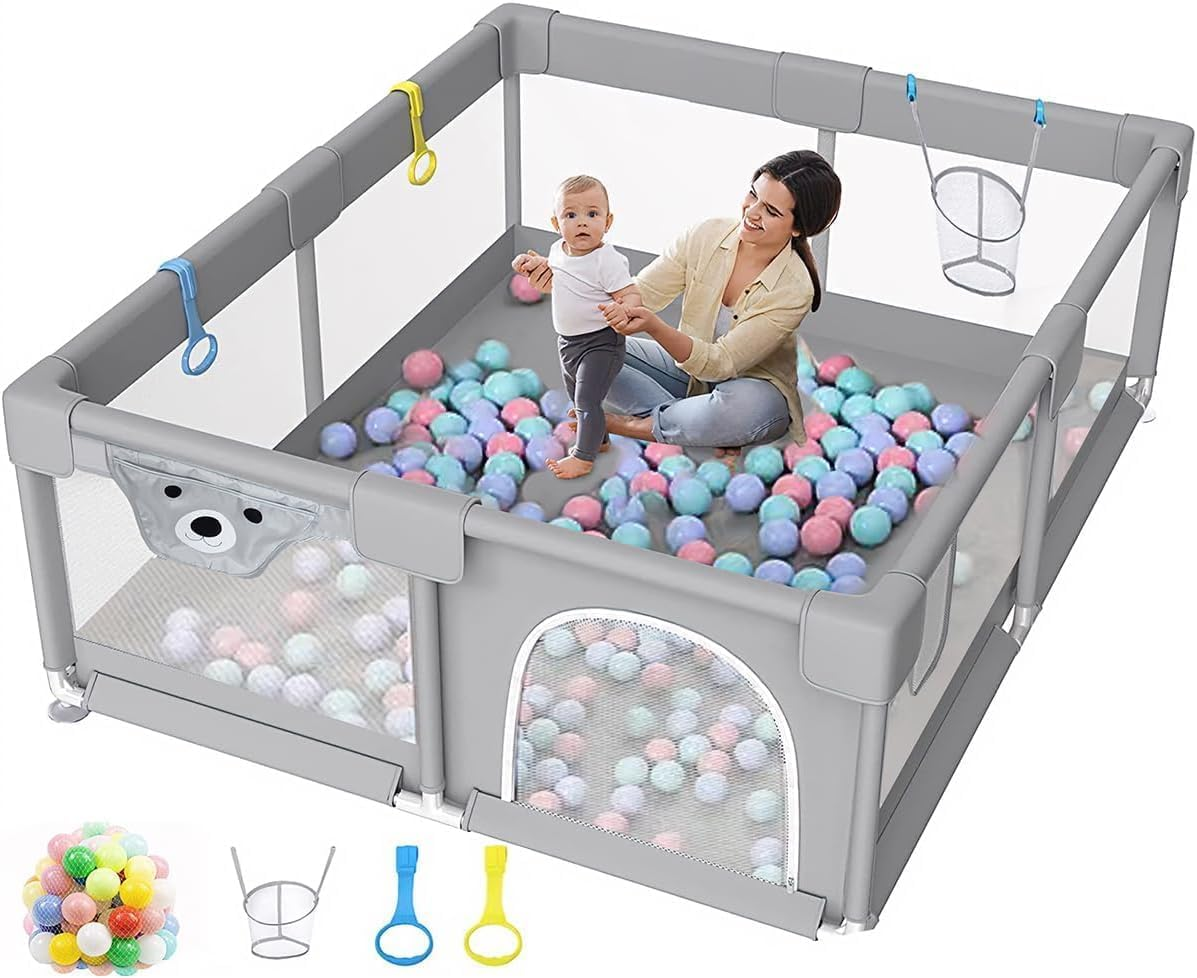 Large Baby Playpen with Door, Safe Play Yard for Toddlers & Infants, Sturdy Mesh Fence Activity Center with Suction Cups, Non-Toxic Waterproof Bottom, Easy Setup Indoor Outdoor Play Area(120X180Cm)