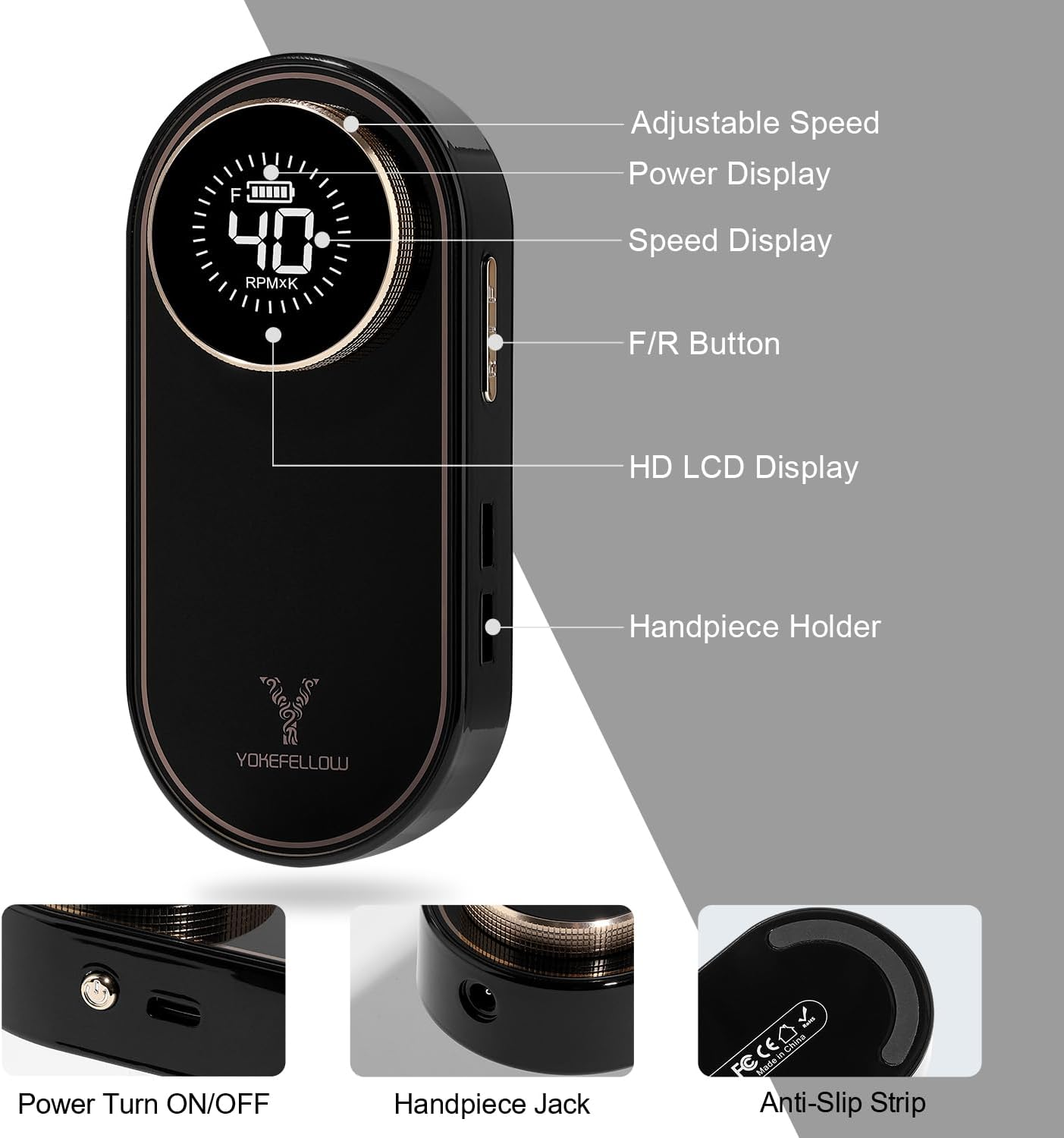 YOKE FELLOW Pngles Professional 40000RPM Portable Rechargeable Nail Drill with LCD Display and 12 Sanding Bits for Pedicure Manicure image number 4