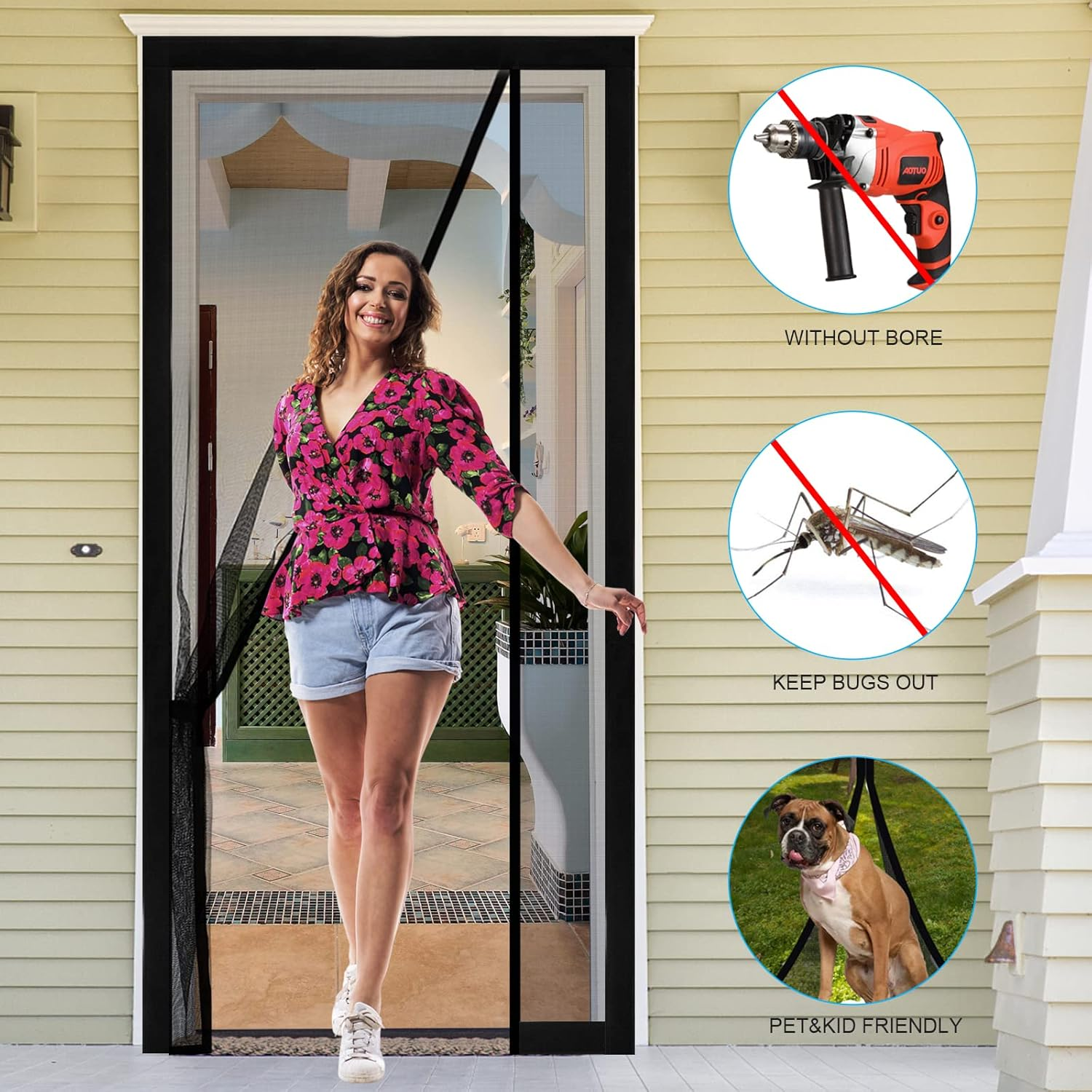 Fillis Magnetic Fly Screen for Doors 80X200Cm, Side Opening Fiberglass Door Curtains anti Mosquito Mesh with Full Frame Hook and Look, Keep Insects Out, Black image number 4