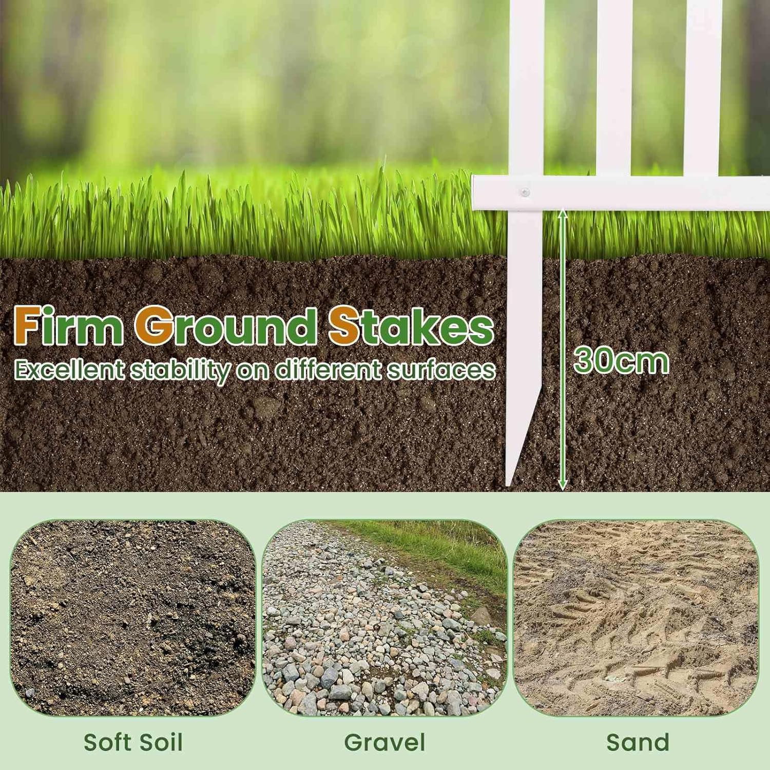 Costway Picket Fence, 2M L X 1.3M H Decorative Fence, 2 No Dig Fence Panels for Soft Ground, Garden Fencing for Pool, Yard & Porch, White (Pack of 2) image number 6