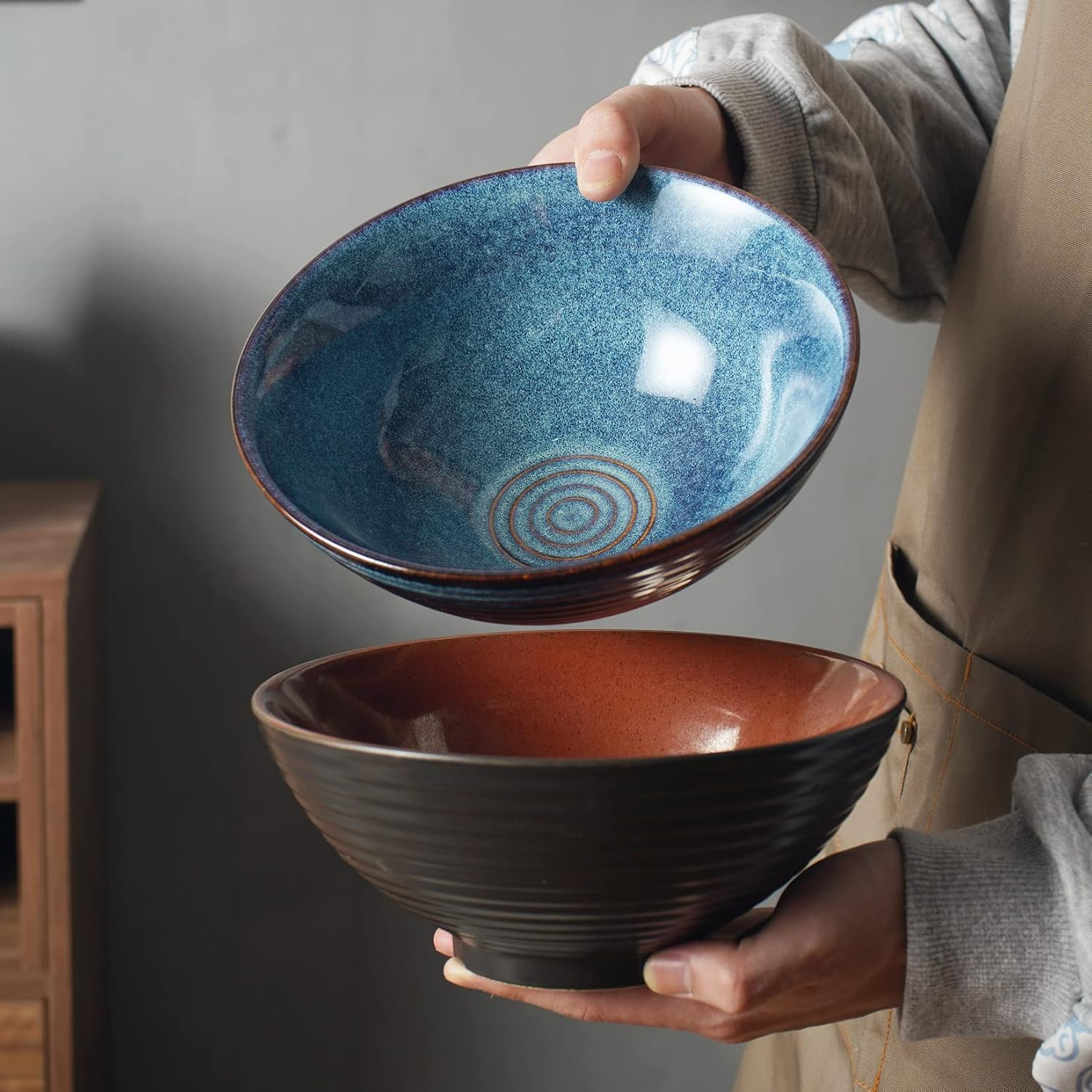 Ceramic Japanese Style Ramen Bowl Set with Chopsticks,8 Inch 40 Oz Pho Bowls & Asian Soup Bowl and Spoons Set for Udon Noodle,Soba,Miso Soup,Set of 2 (Blue)