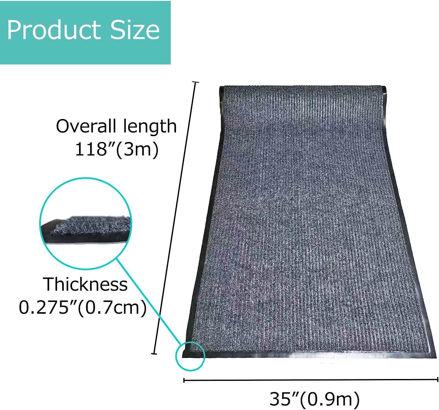 ITINA Door Mat 0.9 X 3M Large Outdoor Indoor Mat Waterproof Rubber Back Rugs for Home Office Business Areas Grey-Black image number 3