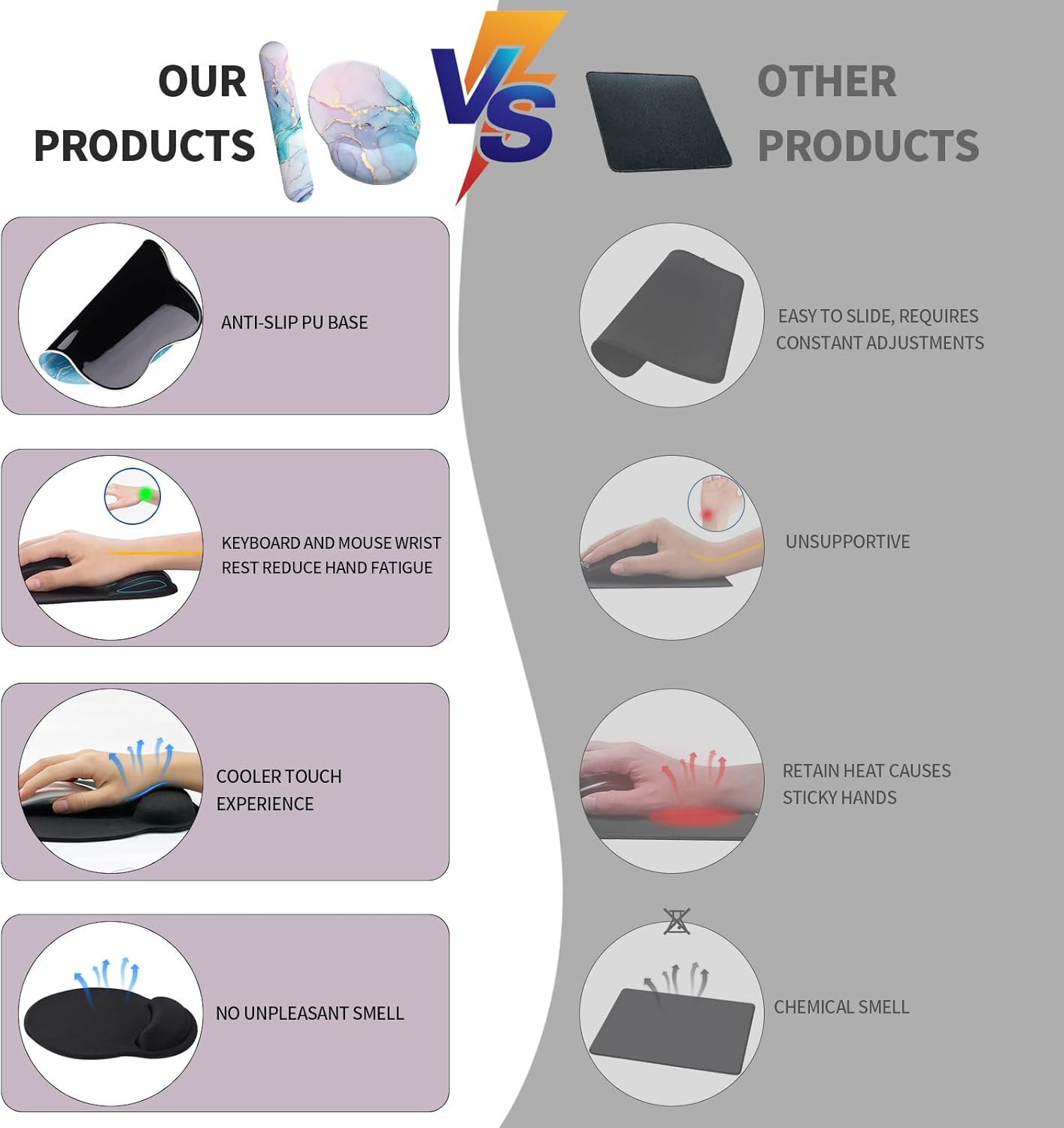 Giecy Mouse Pad Wrist Support, Ergonomic Memory Foam Keyboard Wrist Pad & Gel Mouse Wrist Rest Set for Computer Keyboard for Easy Typing & Pain Relief for Office Home (Pink Blue Marble Set) image number 4