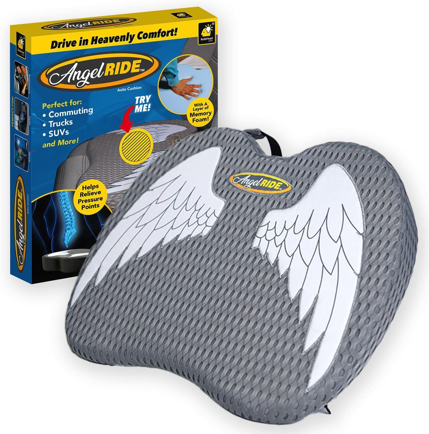 Angel Ride Auto Cushion with Memory Foam, AS-SEEN-ON-TV, Advanced Lumbar Helps Relieve Pressure Points, Molds to Any Body, Drive in Heavenly Comfort in Any Vehicle, Breathable, Washable Cover image number 2