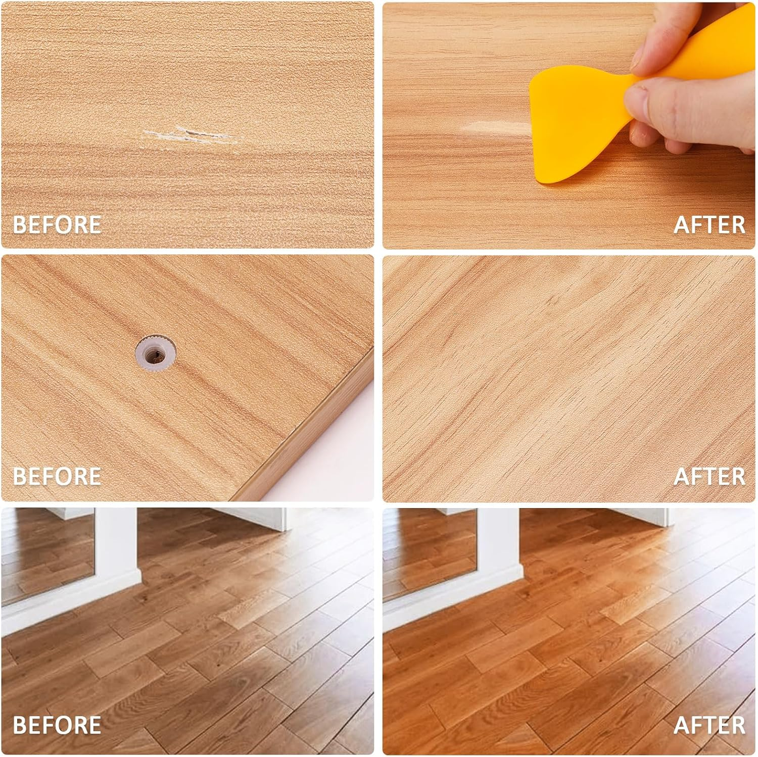 Furniture Repair Kit Wood Filler, Upgrade 6 Colors Oak Series Wood Floor Repair Kit, Filler Furniture Paint, Wood Putty & Wood Polish Repair Wood Floor, Crack, Holes, Laminate, Cabinet, Table, Oak image number 6