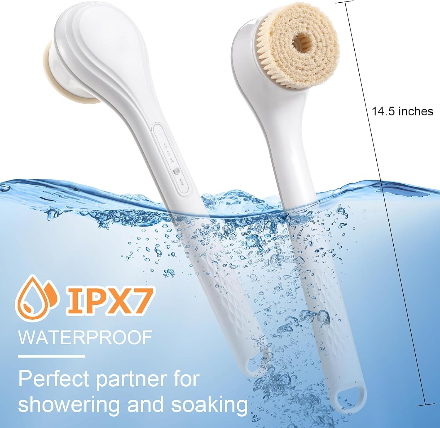 LINGSFIRE Electric Body Brush Rechargeable Back Scrubber for Shower Exfoliating Bath Brush Long Handle for Shower Lotion Applicator for Back Silicone Body Scrubber with 6 Shower Brush Heads image number 2