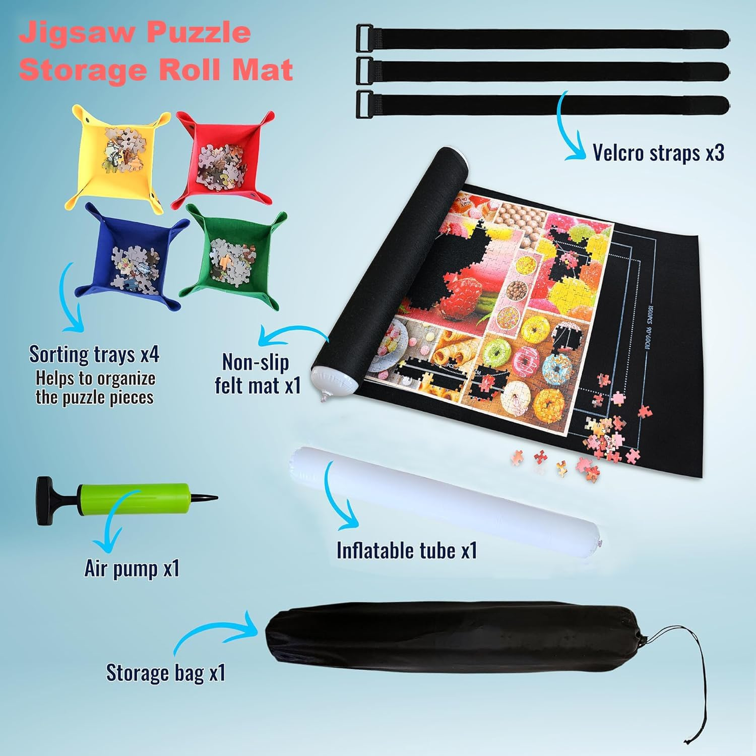 Taicols Jigsaw Puzzle Storage Roll Mat of 1500 Pieces with 4 Sorting Trays,Store Puzzle for Next Play, Jigsaw Puzzle Mat Roll Up, Jigsaw Puzzle Roll Mat Board Felt Mat Inflatable Tube Inflator (Black) image number 2