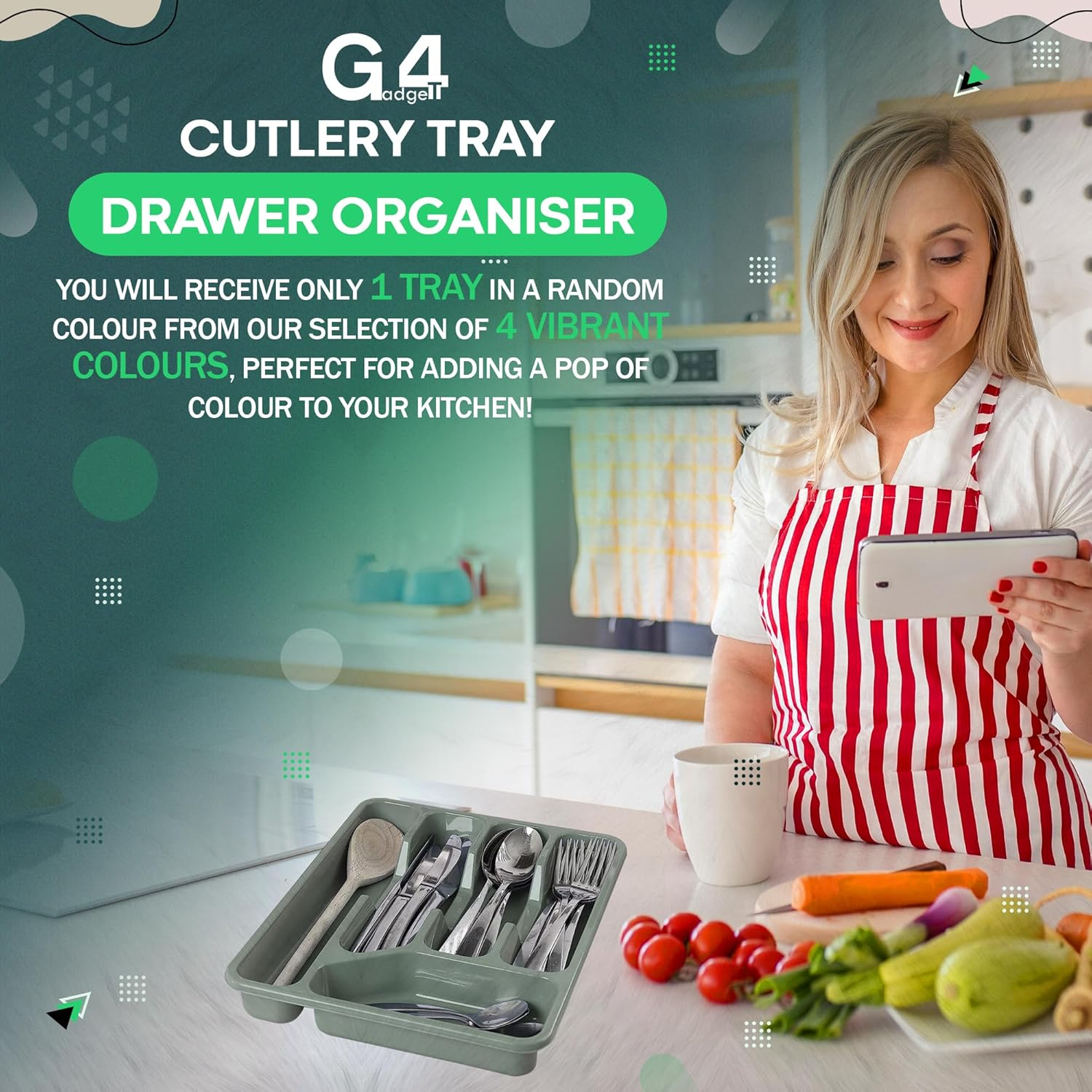 G4GADGET 5 Compartment Cutlery Tray Drawer Organiser, Random Colour, Durable Plastic, Non-Slip Utensil Holder for Kitchen Organisation
