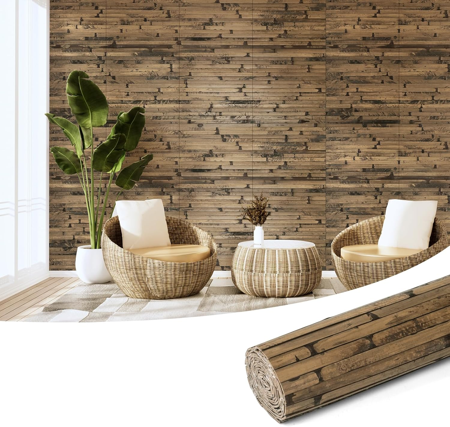 Art3D Natural Bamboo Wall Panel for Interior Wall Decor, Renewable Pole Wrap Wainscoting Paneling for Wall Ceiling Furniture Cabinet Office, 244X30 CM - Dark Burned