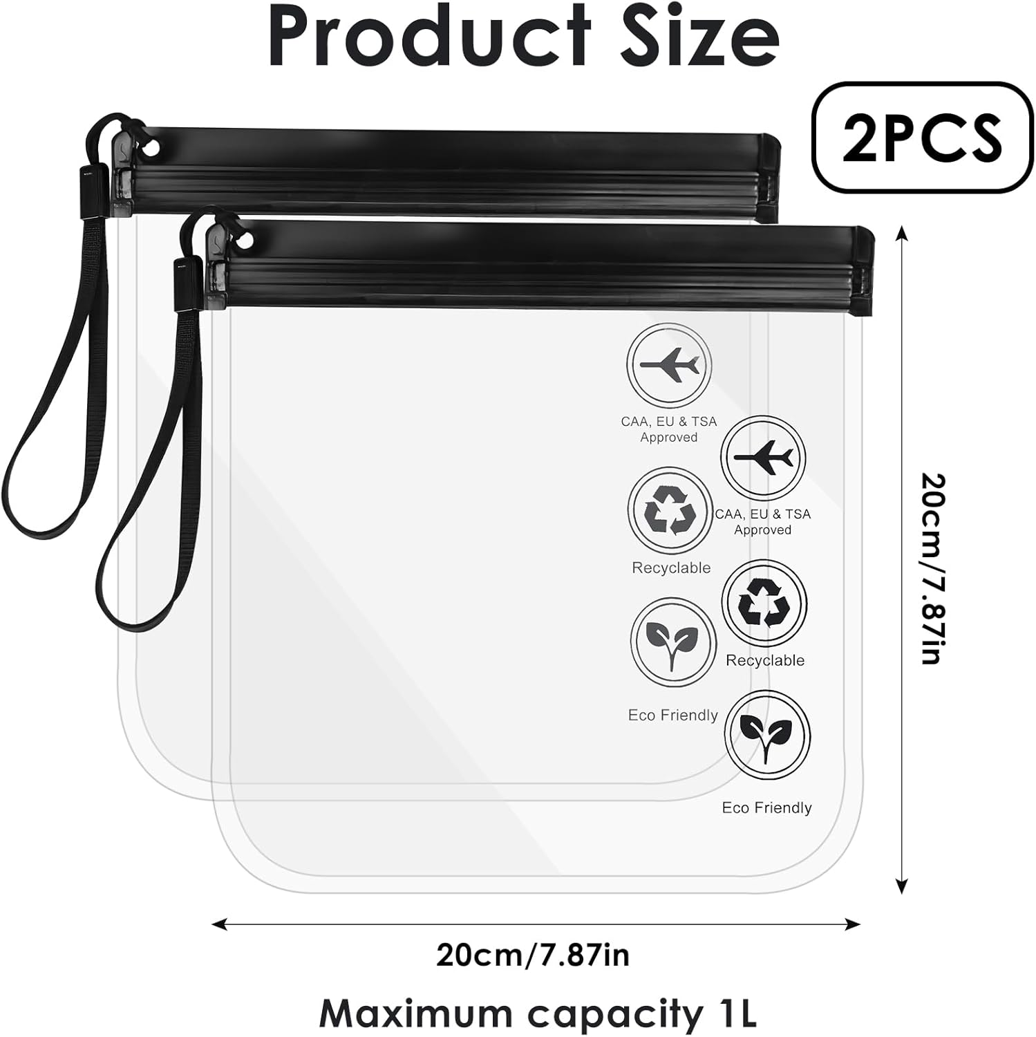 Coastalpure Clear Travel Toiletry Bag, (20X20Cm) Leakproof Liquid Bags for Airports, Waterproof Cosmetic & Makeup Organizer Pouch, 2 Pack Black for Carry-On Luggage image number 5