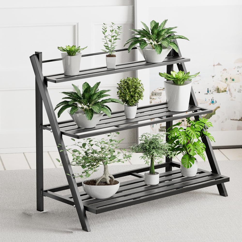 Plant Stand Indoor, Outdoor Plant Stands Aluminum Plant Shelf ,Anti-Rust Plant Holders Display Rack for Flower Pots,3 Tier & Black image number 4