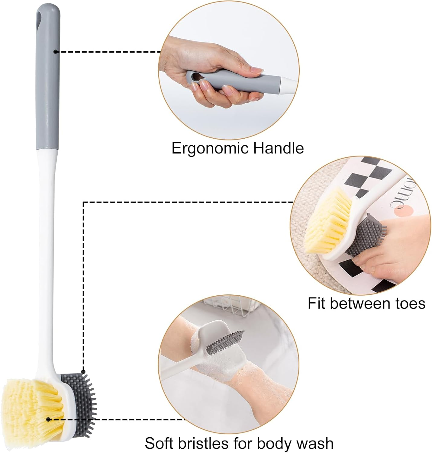 Beomeen 2 Pack Foot Scrubber Brush, Shower Foot Scrubber Long Handle for Toe Gap Cleaning, Double-Sided Silicone and Soft Bristle Scrub Brush for Skin Exfoliation, Seniors, Adults, Grey