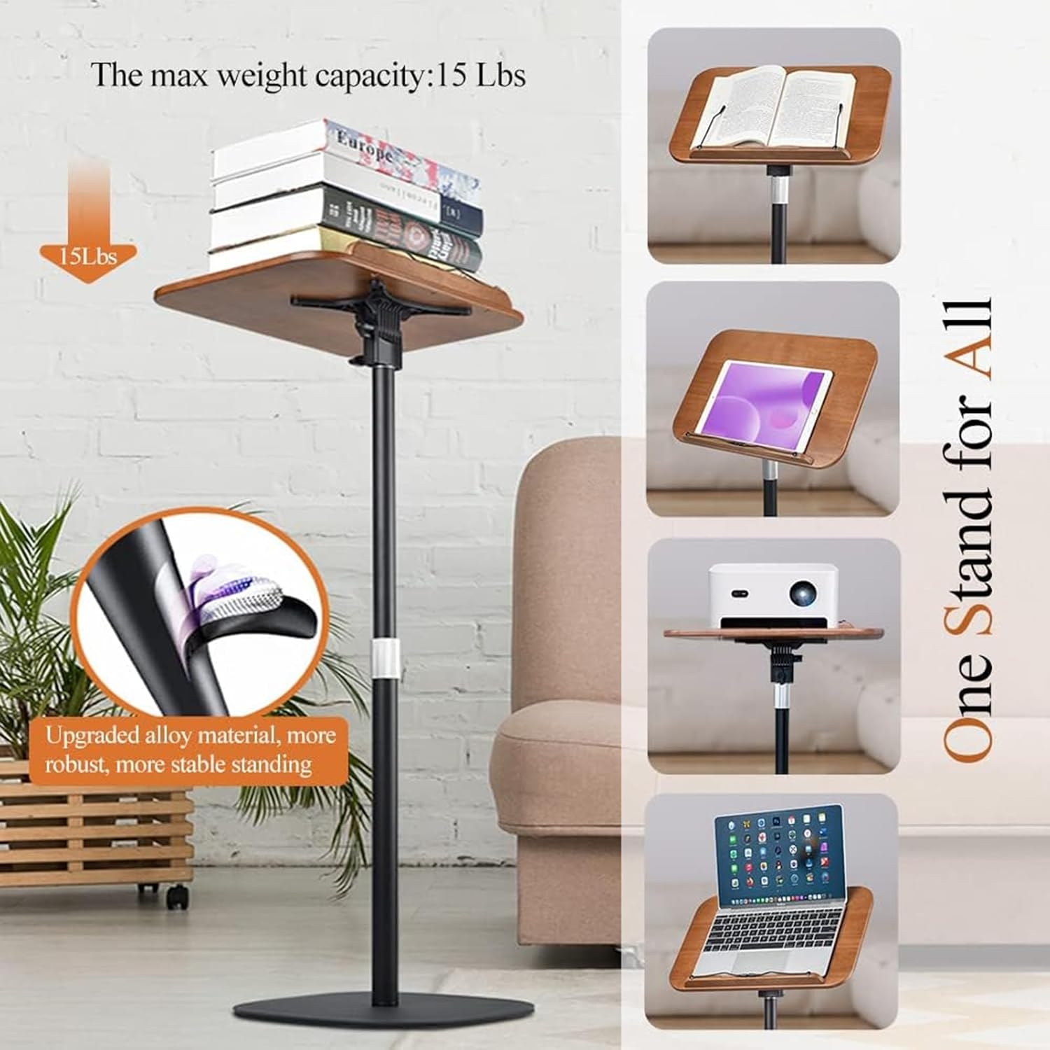 Ssumght Book Stand for Reading Hands Free,80-130Cm Standing Bible Laptop Projector Recipe Tablet Stand for Display,Height & Flat Plate Adjustable for Podium Stand,Wooden Floor Recipe Book Holder image number 3