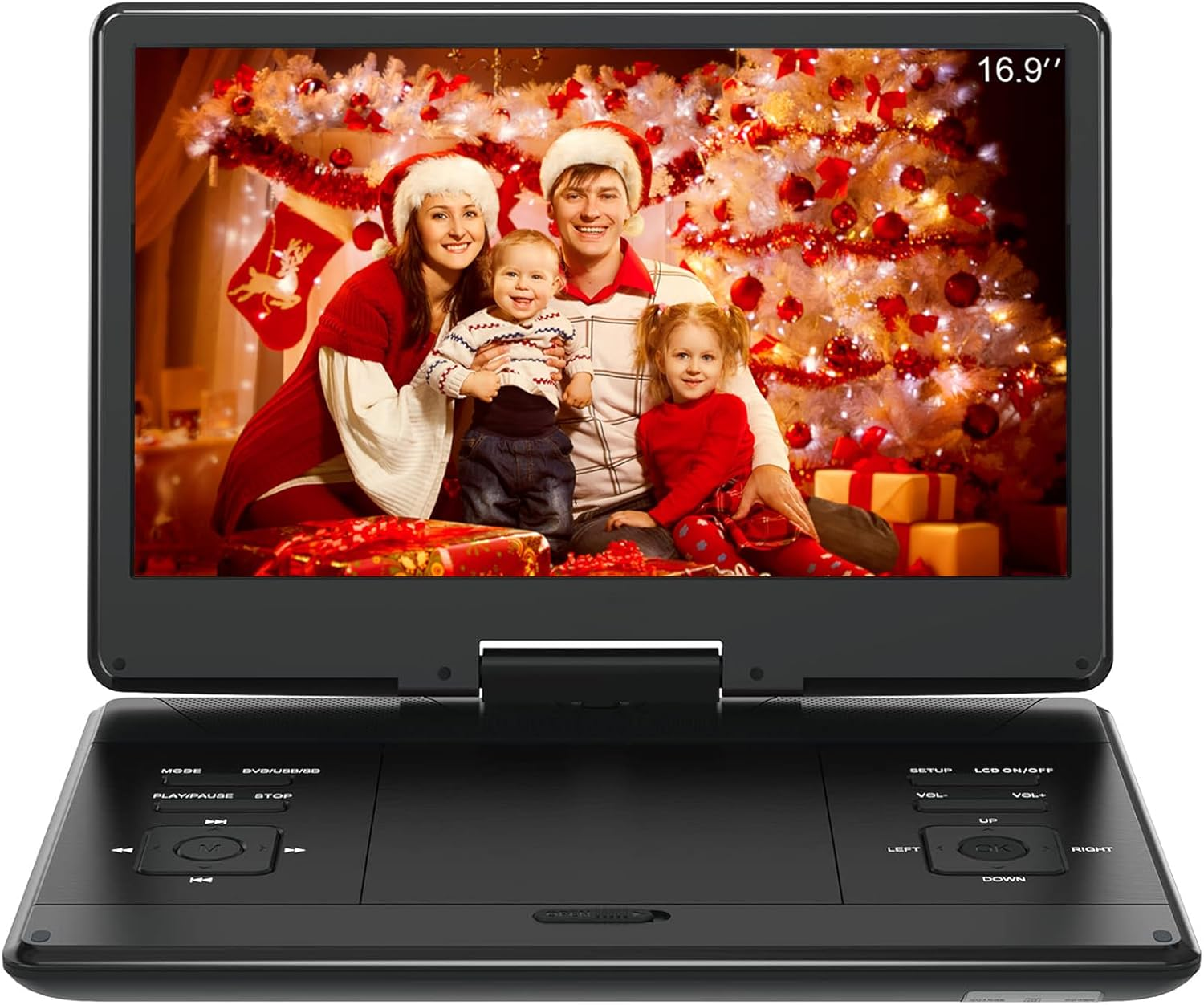 16.9" Portable DVD Player with 14.1" Large HD Screen,High Volume Speaker,4-6 Hours Built-In Rechargeable Battery,Support USB/SD Card/Sync TV and Multiple Disc Formats,Region Free,Remote Control,Black