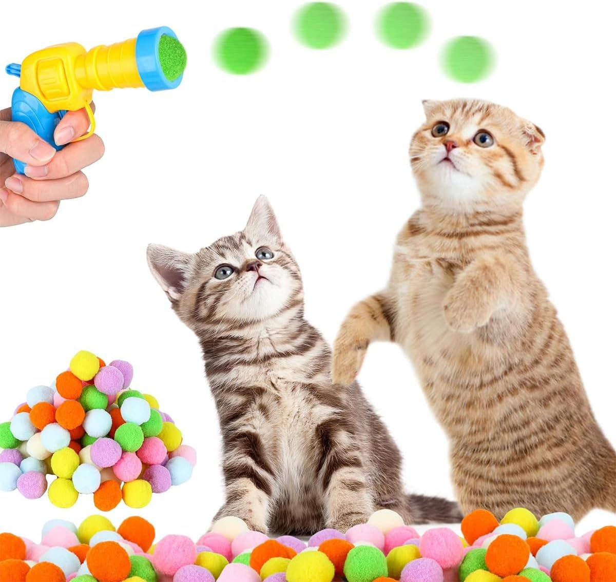 ANCLLO Colorful Cat Pom Pom Balls & Launcher Set &ndash; 50 Soft Plush Balls + 1 Cat Launchers for Interactive Play & Exercise &ndash; Perfect for Indoor Cats image number 4