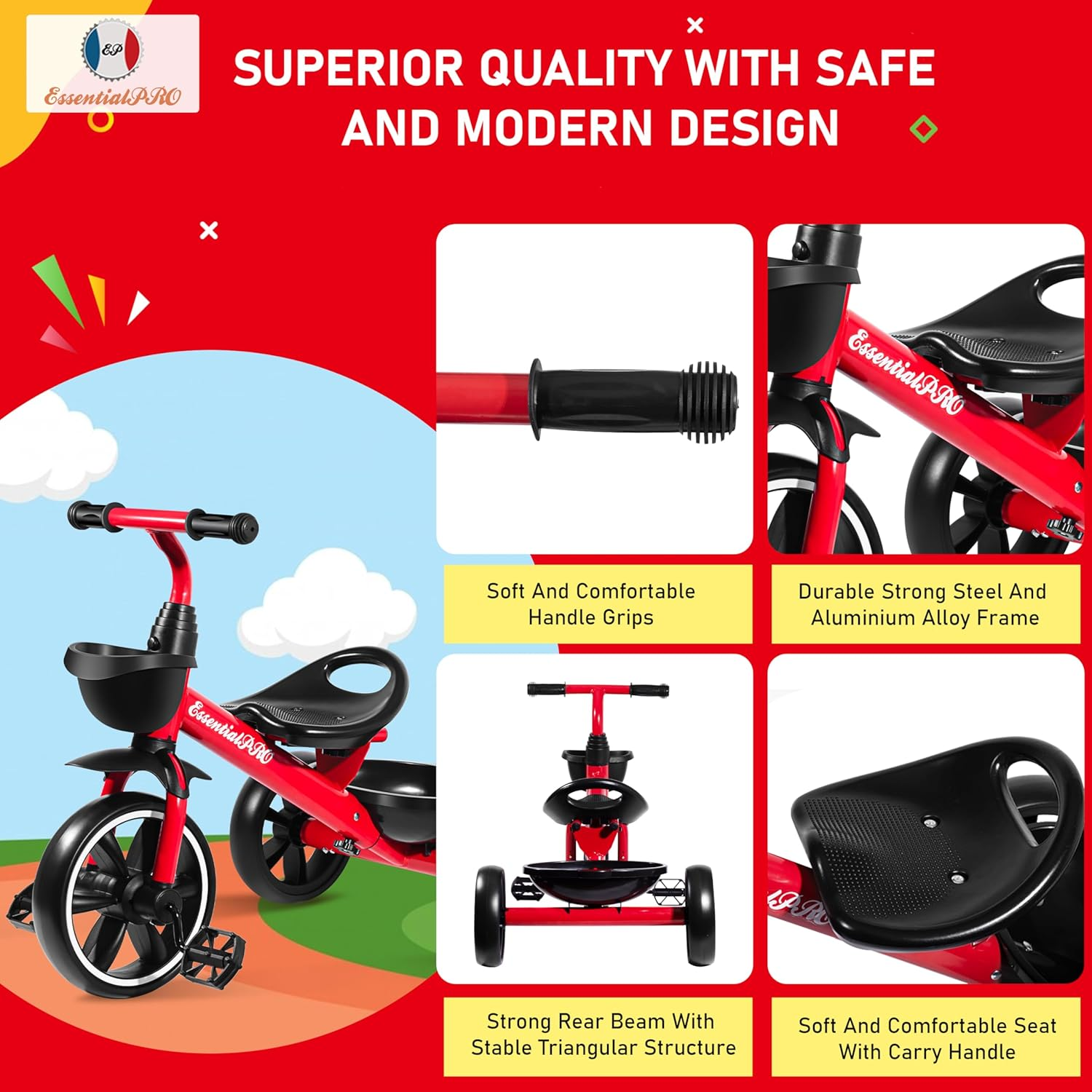 Essentialpro Kids Tricycle with Front & Rear Basket | Toddler Tricycle | Kids Riding Bike | Lightweight & Portable Push Bike with Removable Pedals | Kids Trike for 2 to 5 Years Old | 3 Wheel Bike image number 1