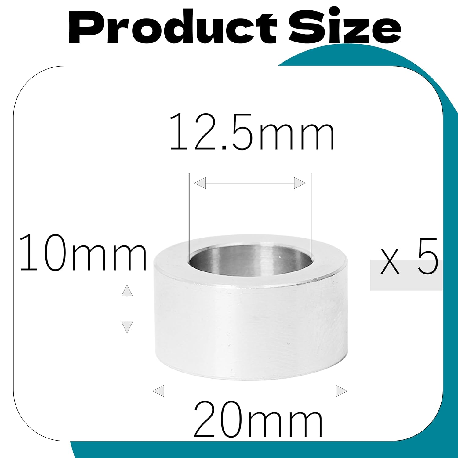 Zhooooonglf 5Pcs M12 Aluminum Spacers, Metal Spacer Aluminum round 12.5Mm ID X 20Mm OD X10Mm L Thickness Screw Standoff for M12 Screw Bolts Silver image number 2
