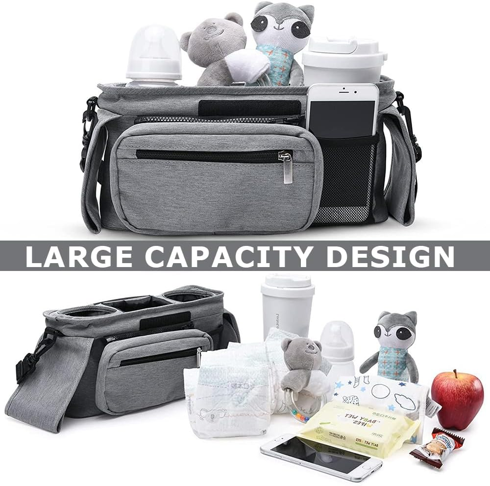 Universal Stroller Organizer,Multifunctional Storage Bag,Item Storage Container,Stroller Caddy Fits, Organizer Bag with Hooking,Detachable Shoulder Straps,For Diapers,Toys,Snacks (Grey) image number 1