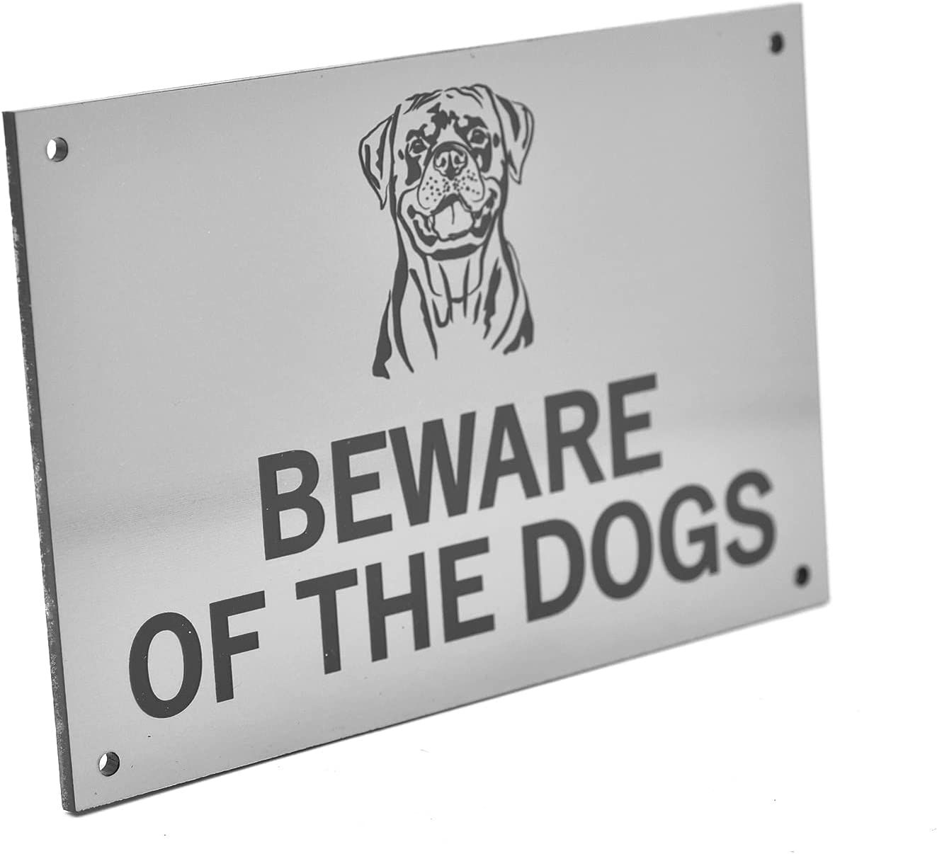 Beware of the Dogs, Sign, Notice, Warning - Plastic Acrylic Sign with Drill Holes in Corners (Dogs/Rottweiler) (Silver) image number 1