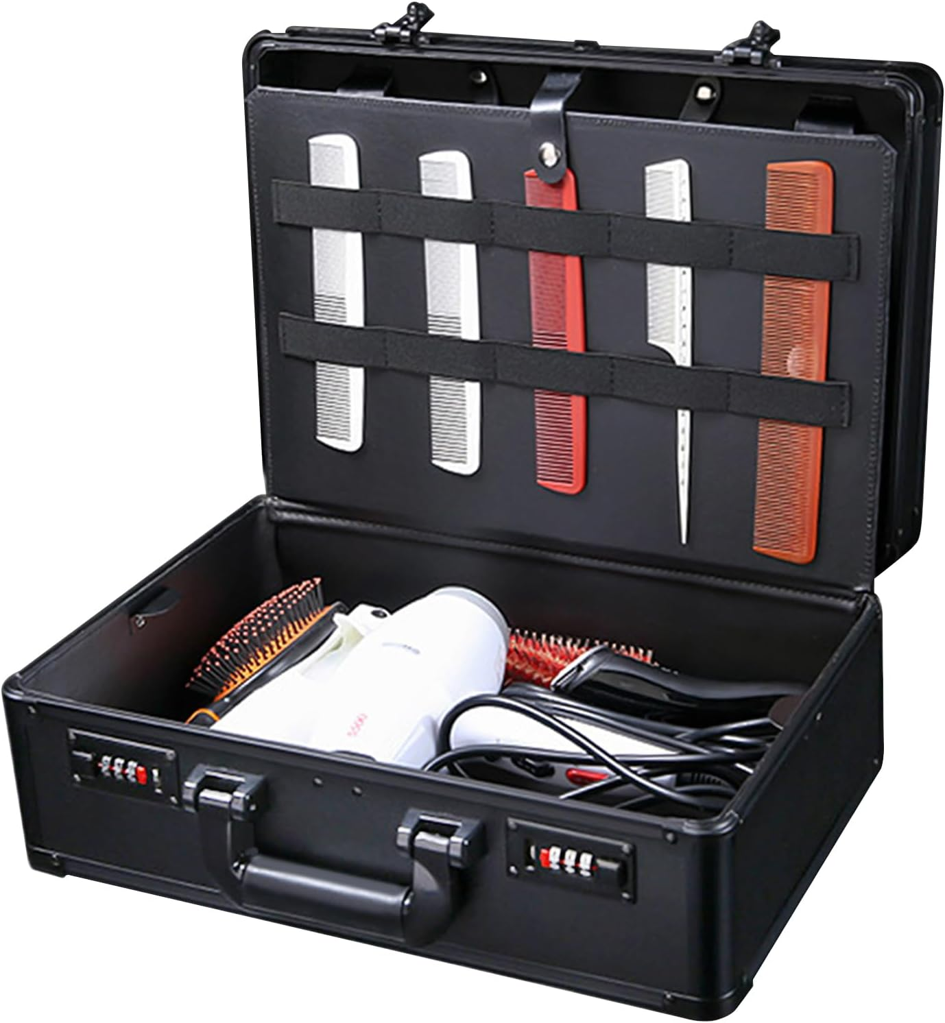Professional Hairdressing and Makeup Lockbox, 16X12X6 Inch Portable Hairdressing Tool Suitcase, Large Capacity Hairdresser Case Organizer with Password for Storaging Scissors Clips Brush (Black) image number 5