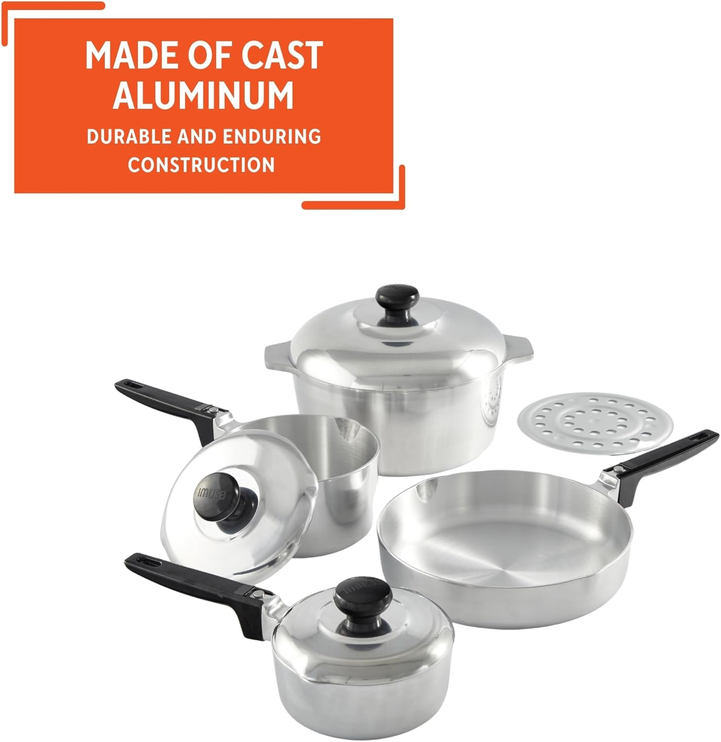 IMUSA USA IMU-89304 Heavy Duty 8-Piece Cast Aluminum Cajun Cookware Set, Silver image number 2