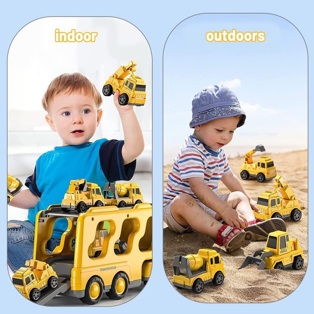 Construction Toddler Truck Toys for 3 4 5 6 Year Old Boys 5-In-1 Friction Power Vehicle Car Toy for Toddlers 1-3, Carrier Truck Toys for Kids 3-5