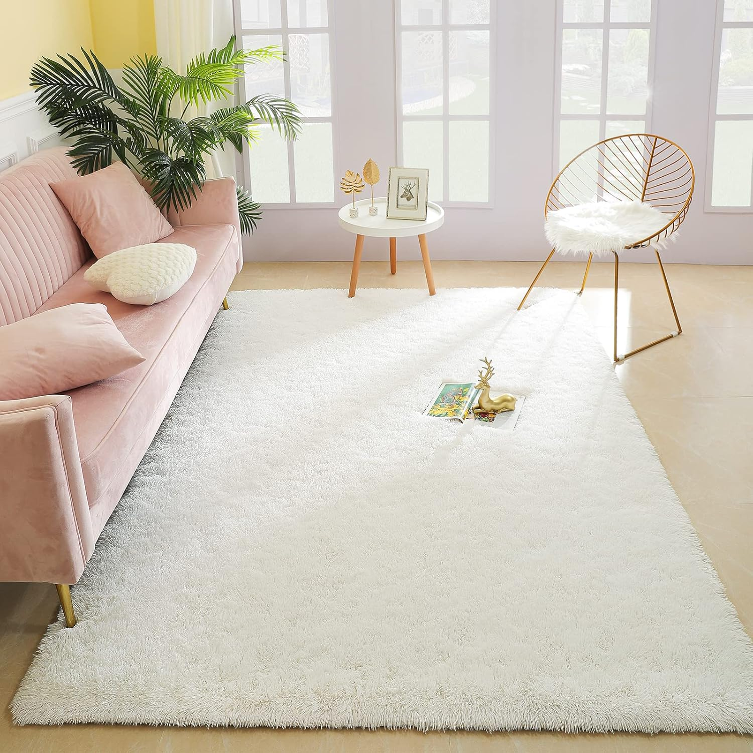 Oval Shaggy Bedroom Rug 2.6 X 5.2 Feet Fluffy Area Rugs for Girls Boys Kids Room Nursery Floor Carpet Home Decoration, Cream