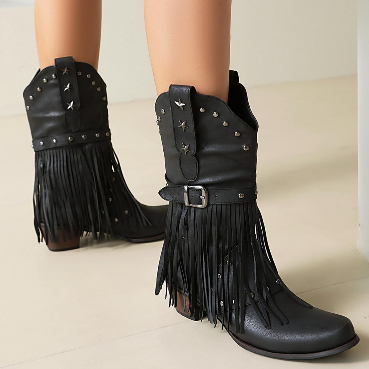 Women'S Fringe Cowboy Boots Mid Calf Cowgirl Boots with Studded Pointed Toe and Chunky Heel Western Tassel Riding Boot image number 6