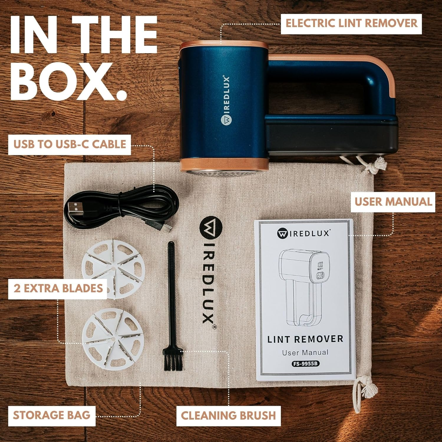 Electric Lint Remover - Rechargeable Fabric Shaver for Clothes & Furniture - Adjustable 3-Speed, 6-Leaf Blade, LED Light, USB Charging - Debobbler with Dual Protection (Cobalt Blue/Copper)