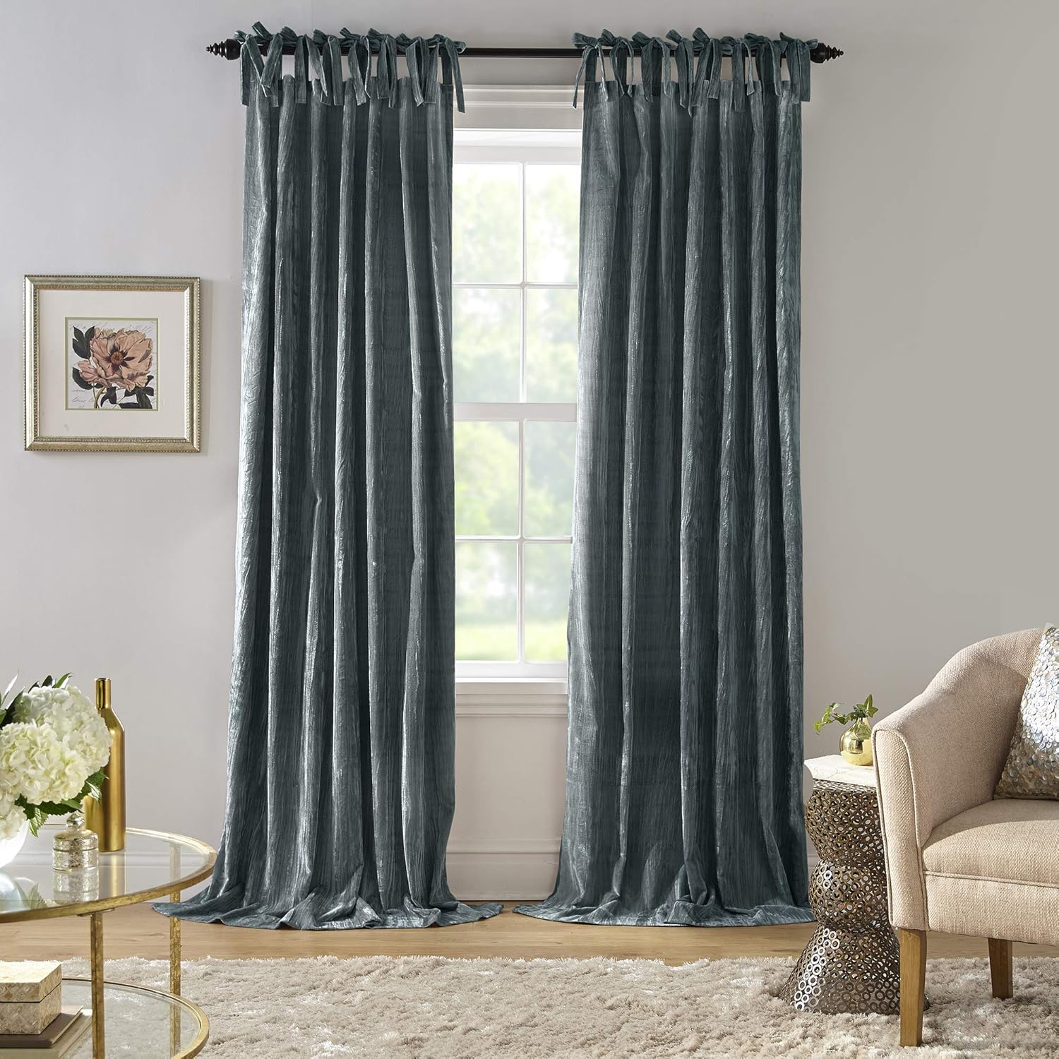 Elrene Home Fashions Korena Tie-Top Crushed Velvet Window Curtain Panel, Rustic-Chic Curtain Panel for Living Room or Bedroom, 52 Inches by 95 Inches, Peacock, 1 Panel