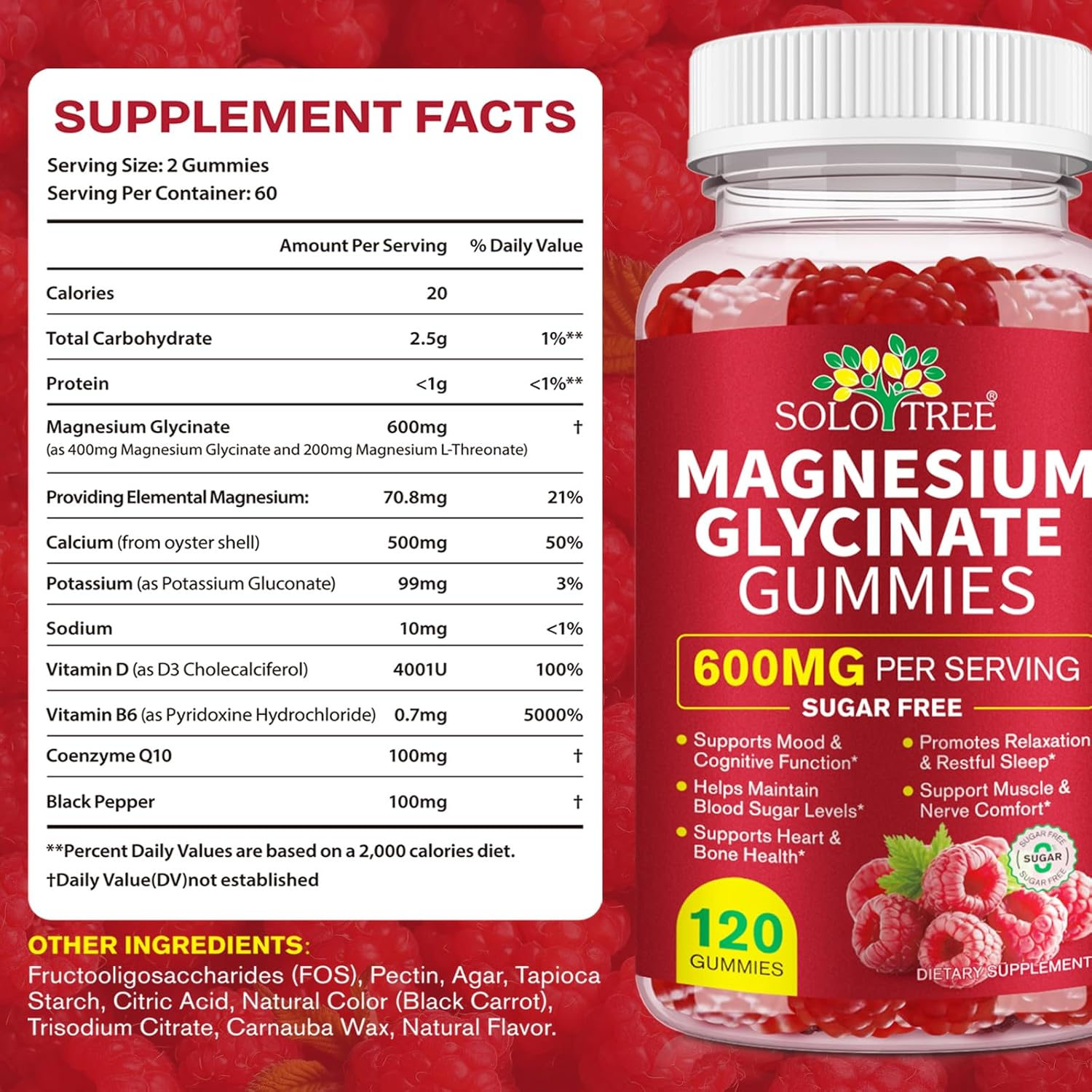 Magnesium Glycinate Gummies 600Mg | Calcium, Potassium, Vitamin D3 & B6 | Coq10 & Black Pepper | Sugar Free | Raspberry Flavour | 120 Gummies image number 2