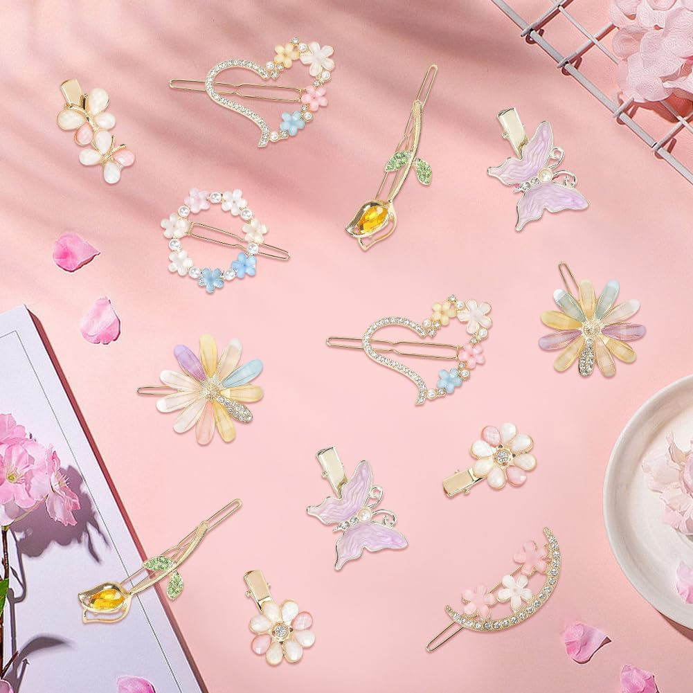 SUNNYCLUE 18Pcs Heart Shaped Hair Barrettes Rhinestone Alligator Hair Clips Colorful Resin Butterfly Flower Aesthetic Alloy Decorative Bobby Hairpins Accessories for Short Long Hairstyle DIY Decor