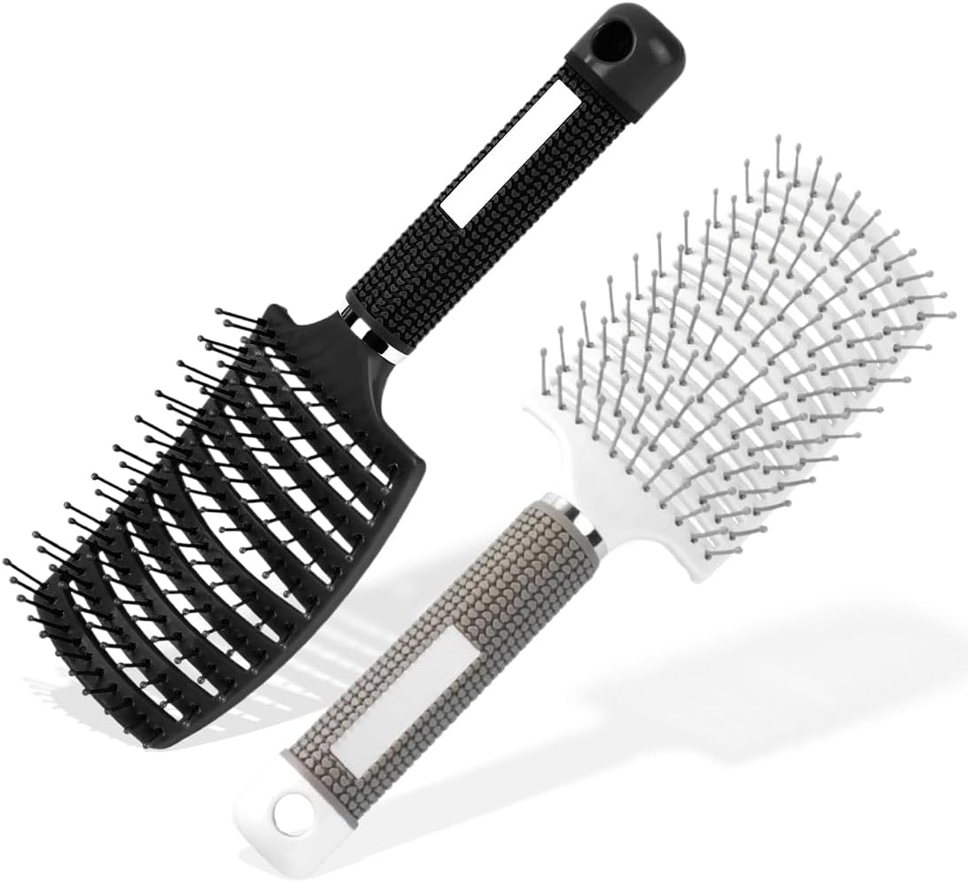Hair Brush without Pulling, Boar Bristles Hair Brush, Boar Bristles Hair Styling Brush for Long Fine Thick Curly Hair (Pack of 2, Black and White)