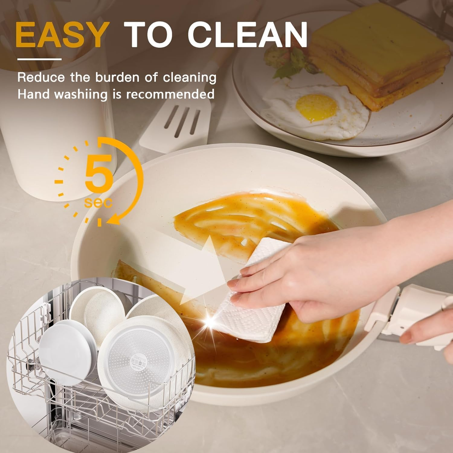 22 Piece Pots and Pans Set, Nonstick Cookware Sets Removable Handles, Cream Induction Cookware Non Stick Cooking Set W/Frying Pans & Saucepans(Pfos, PFOA Free) image number 3