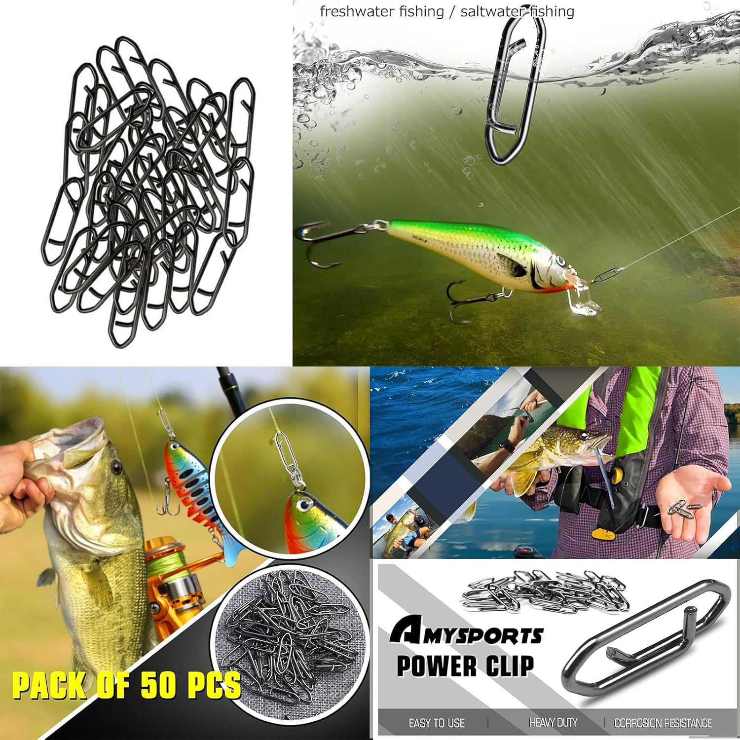 50Pcs Stainless Steel Fishing Power Speed Clips High Strength Fishing Connector Swivels Snaps for Quick Change Fishing Lure Tackle Saltwater Freshwater(Black) image number 1