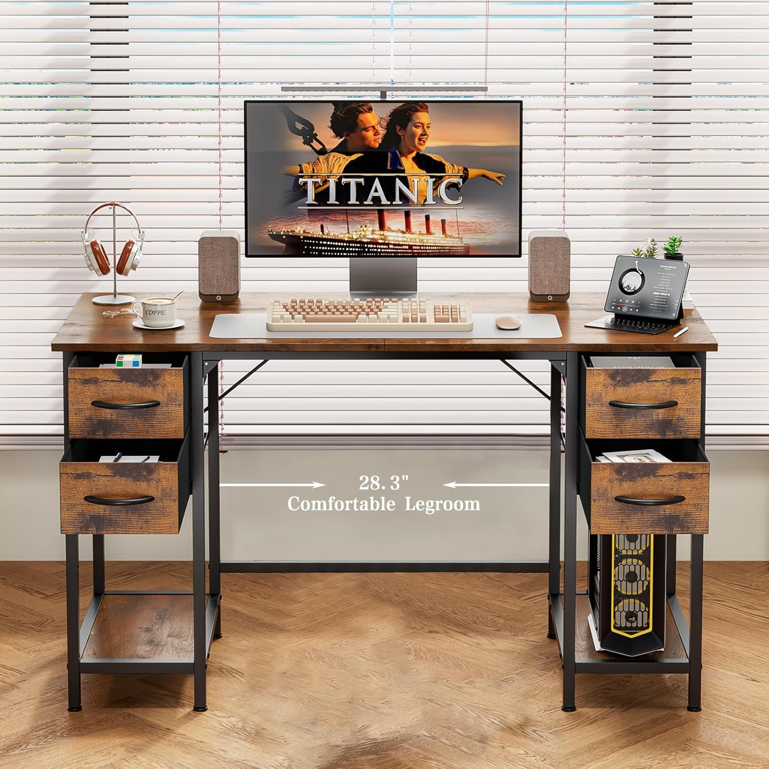 Forthcan Computer Desk, 47 Inch Office Desk Work Table with 4 Drawers, Gaming Desk with Storage, Writing Desk Work Desk for Home Office, Study, Bedroom, Rustic Brown image number 4