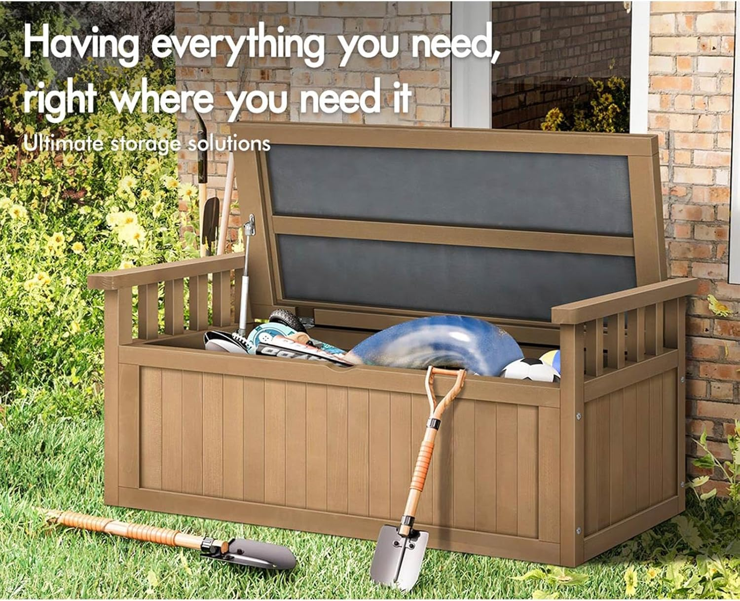 ALFORDSON Outdoor Wooden Bench Storage Box 200L Capacity, Durable Fir Wood Cabinet Garden Seatwith Tool Chest Toy Storages Container for Patio Garden Lawn Balcony, 320Kg Weight Capacity Natural Color image number 6