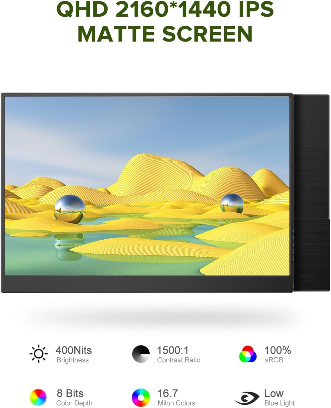 UPERFECT 2K Portable Monitor, 14" Ultra Slim Portable Laptop Monitor 2160 * 1440 QHD External Display with Dual Speakers HDR Freesync Second Screen for Laptop PC Phone Game Console image number 4