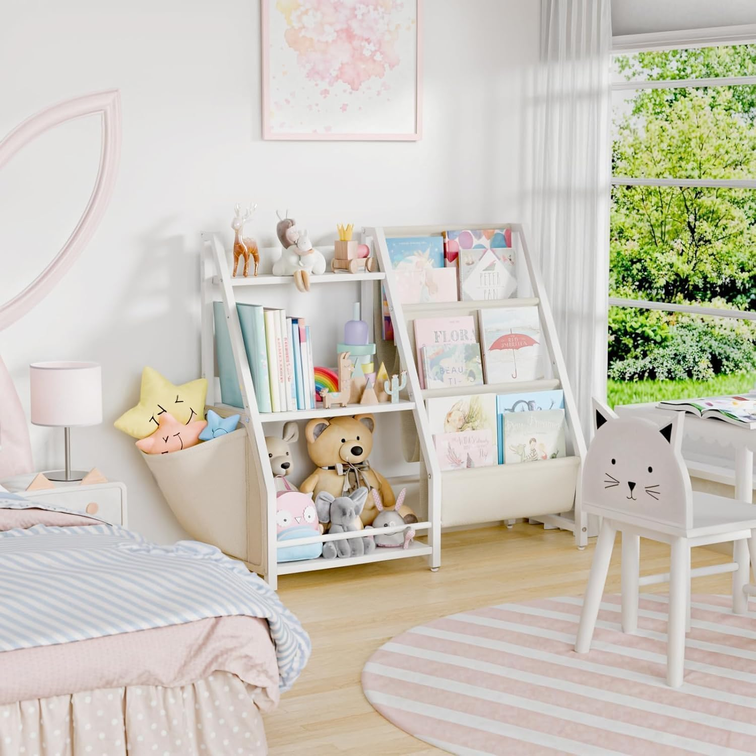 Uandhome Kids Bookshelf and Toy Storage Organizer Montessori Toddler Bookcase Book Sling Shelf for Kids Rooms, Nursery Book Shelves,Bookshelf Storage Shelf Display Includes Extra Side Pockets (S) image number 3