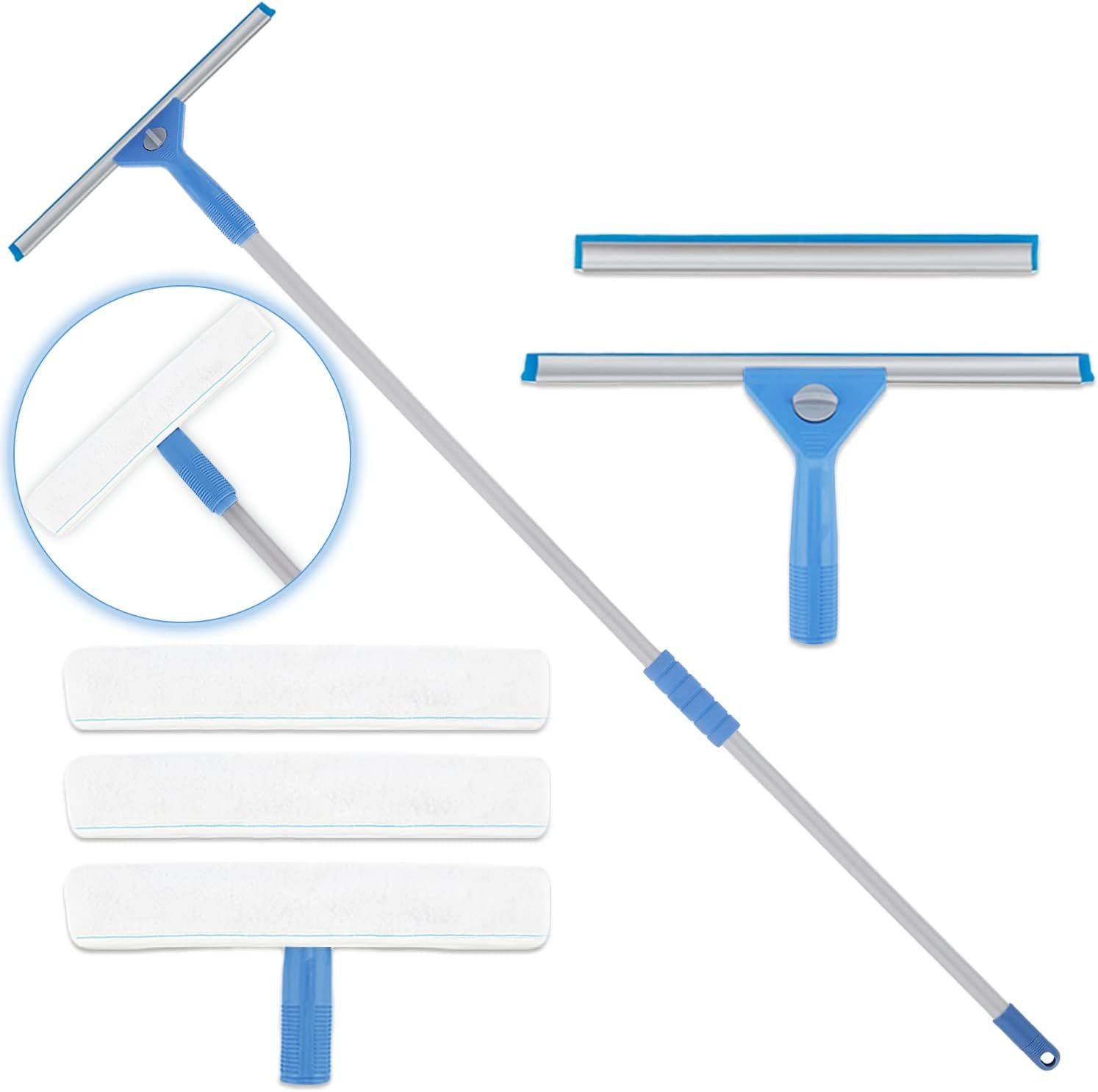 Window Squeegee Washing Kit for High Window, Shower Glass Door, Mirror Cleaning, with 69-Inch Extension Pole, Extra 14'' Wide Squeegee and 2 Microfiber Scrubbers Included image number 6