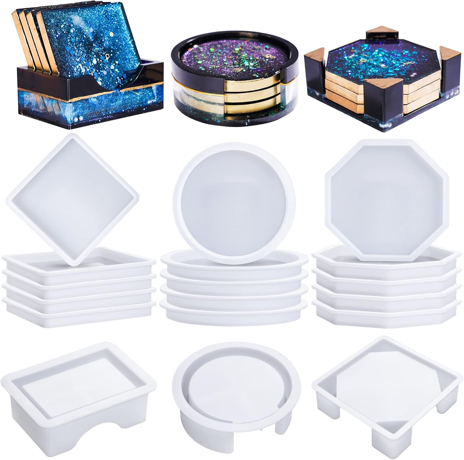 LET'S RESIN 18 Pcs Coaster Resin Molds Silicone, Coaster Molds with round Square Octagon Shape Holder Molds for Epoxy Resin, DIY Art Craft Cup Mats image number 6