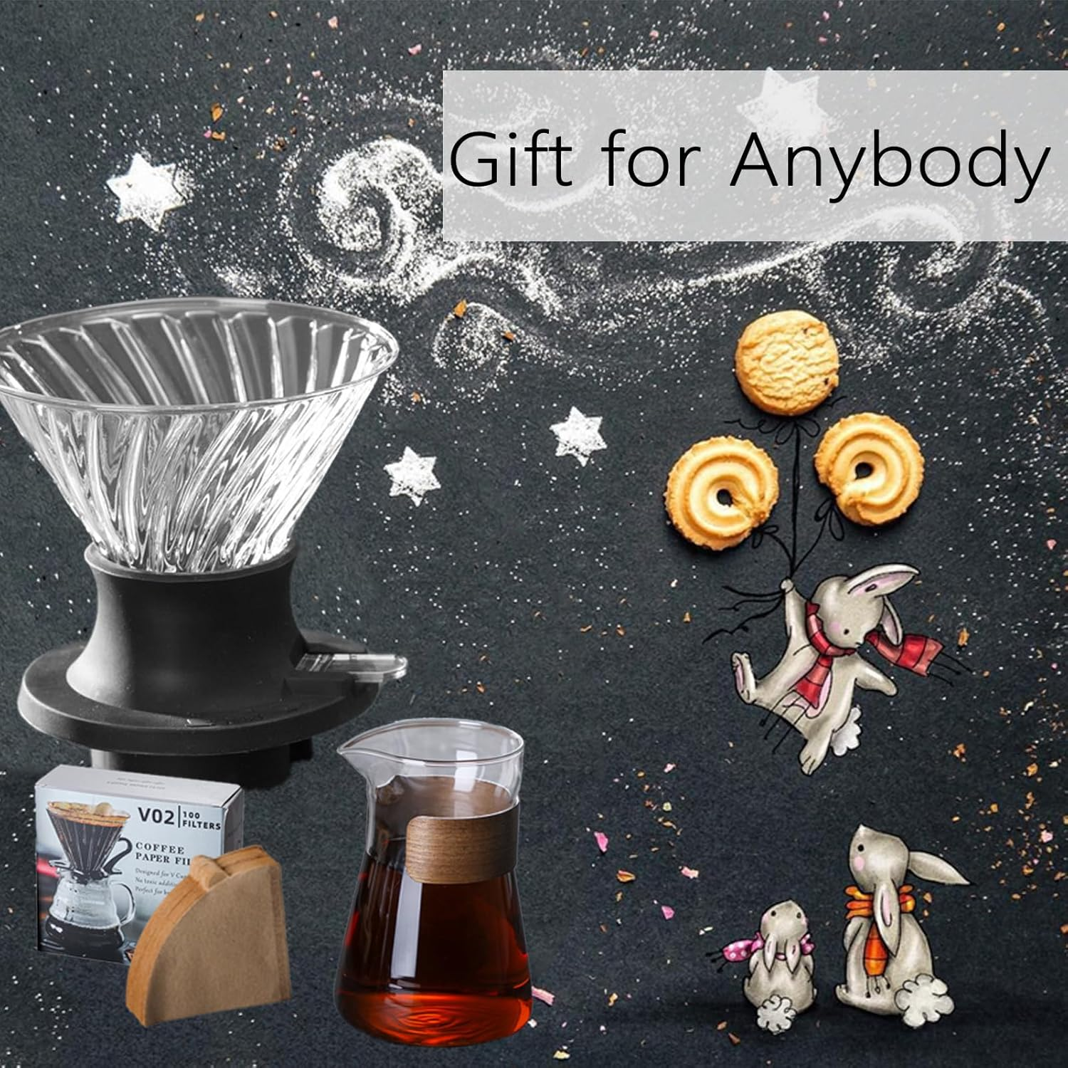 Pour over Coffee Maker, 18 Oz Borosilicate Glass Set with 100 Pcs V60 Paper Filter - Coffee Dripper with Control Buttons Allowing Coffee to Flow or Stay in Place, 1-3 Cups, Clear image number 2