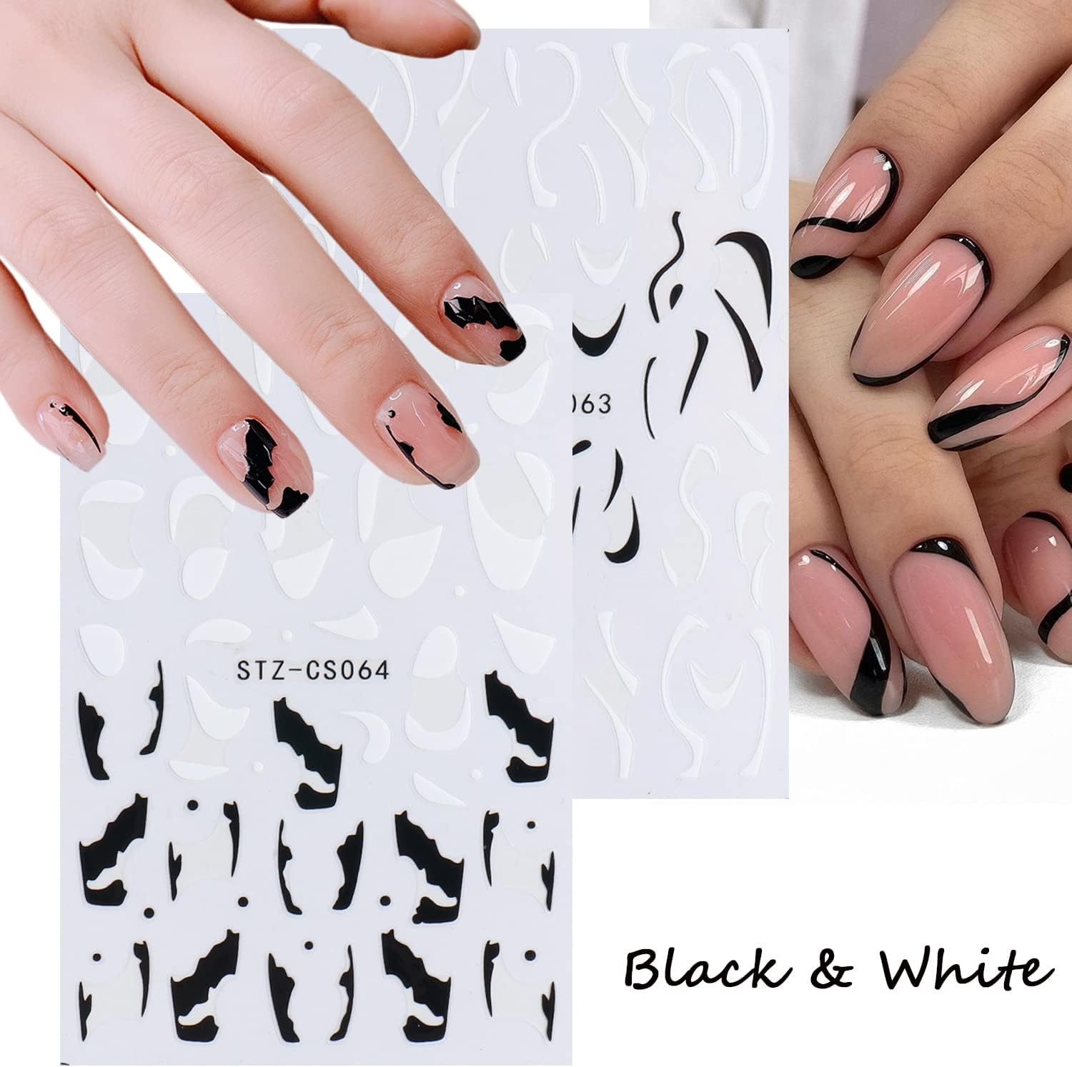 Black Nail Art Stickers, Flowers Butterfly Moon Stars Flame Wave Line Nail Art Decals, Holographic 3D Self-Adhesive Nail Sticker Design for Women Manicure Charms Decorations, DIY Resin Transfer Decal image number 1